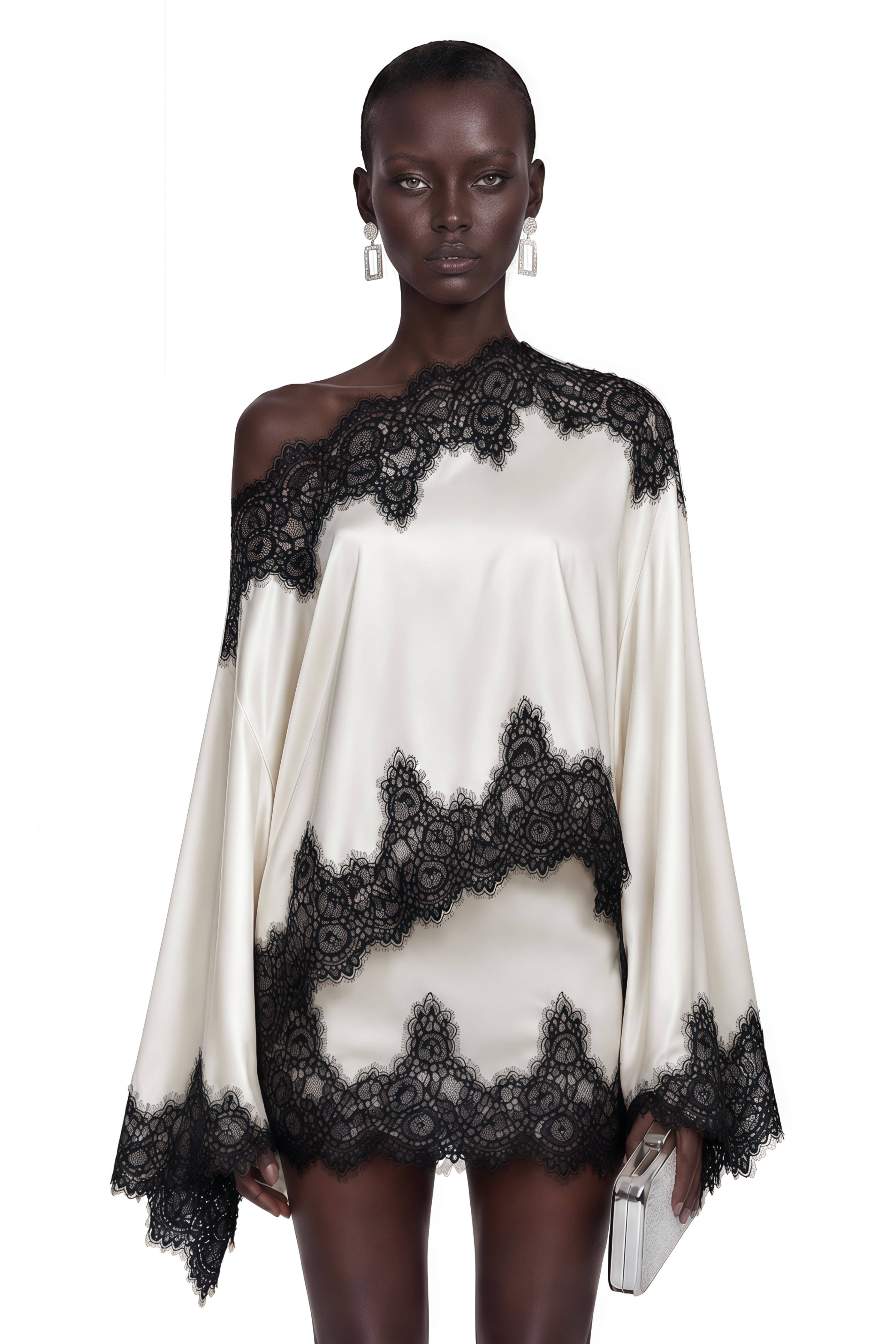 Sophia Cream One Shoulder Top & Skirt Set with Lace Trim