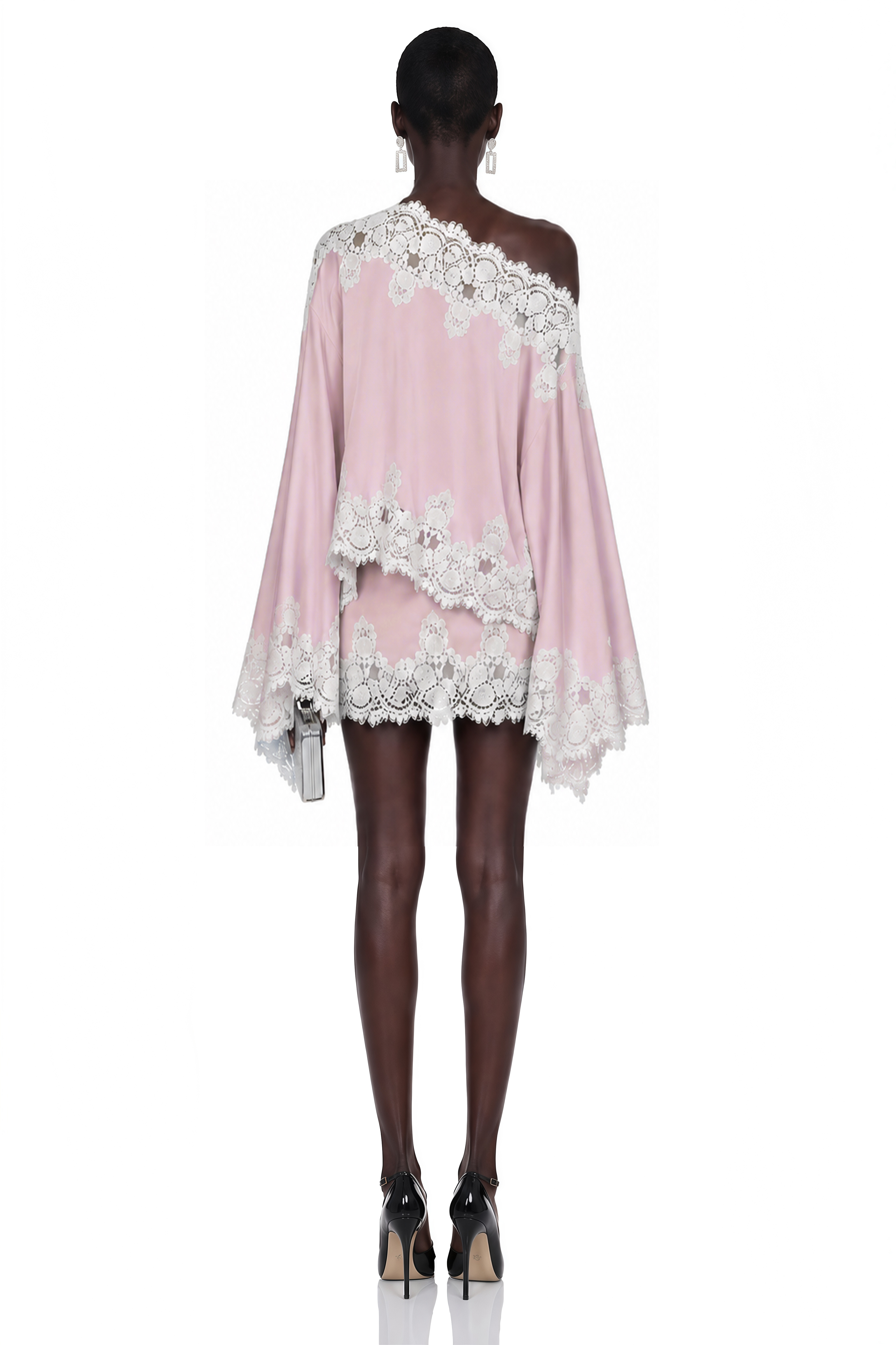 Sophia Pink One Shoulder Top & Skirt Set with Lace Trim