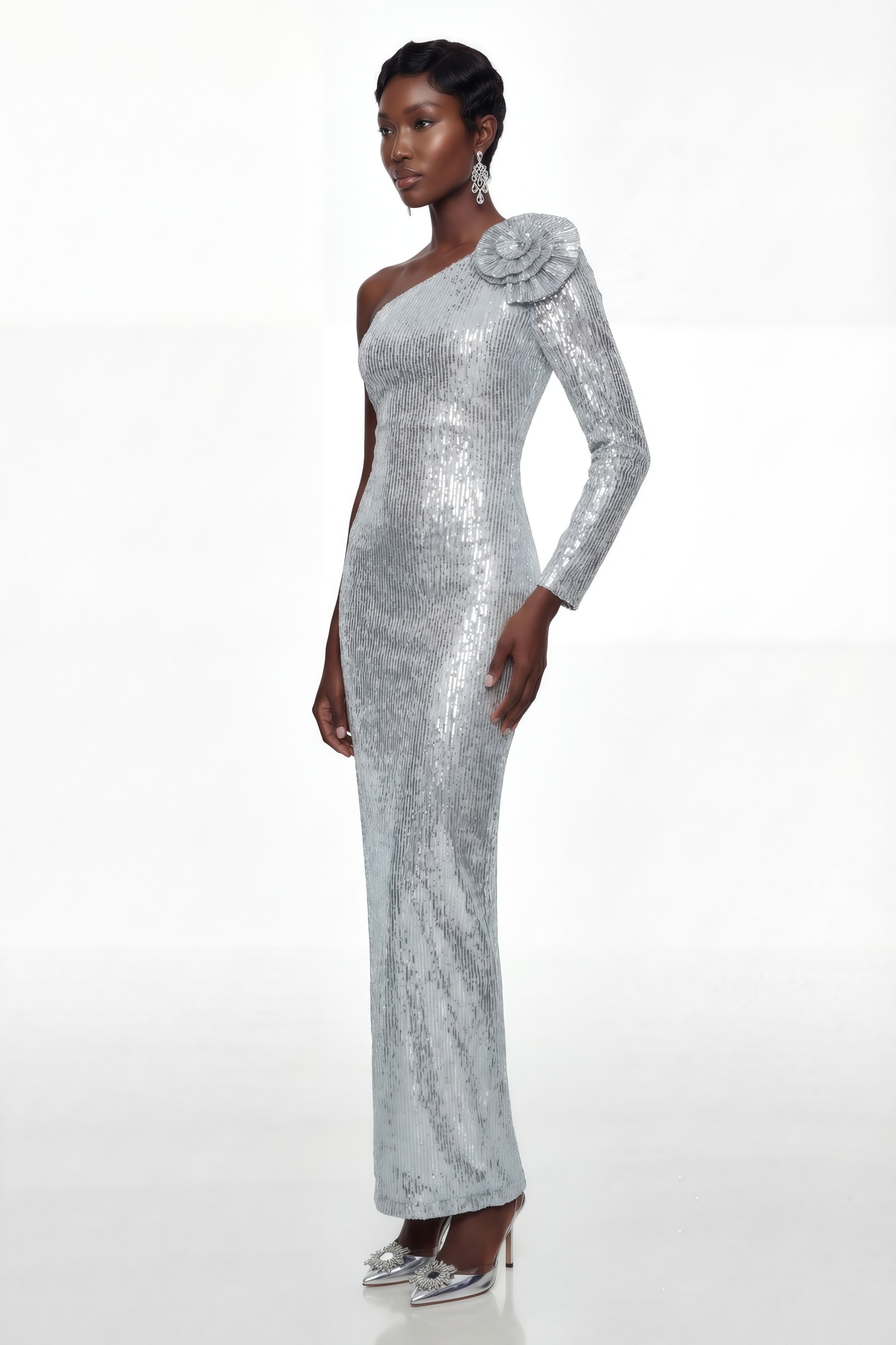Sophia Silver Sequin Corset Maxi Dress with 3D Petals