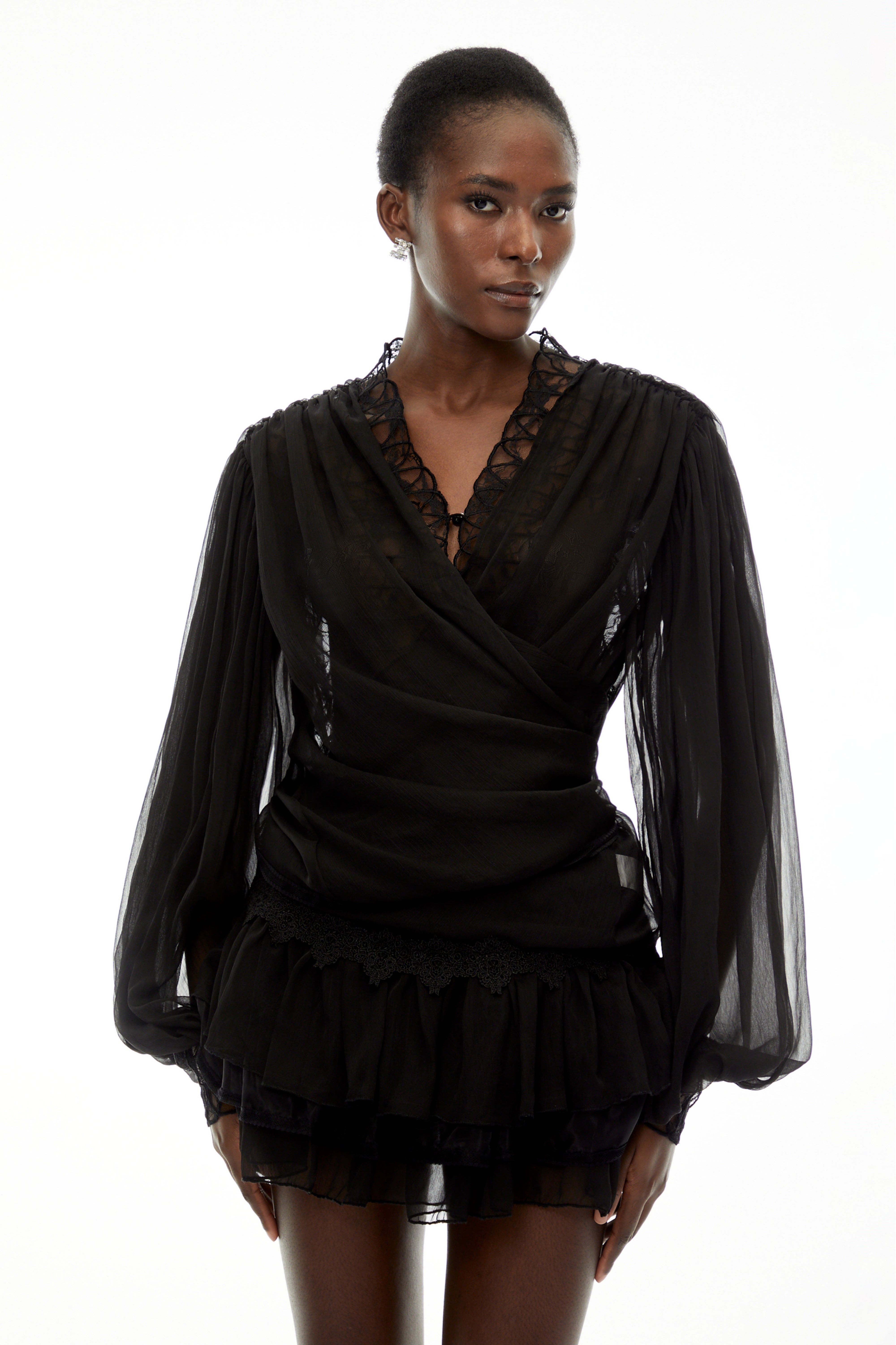 Sophie Black Lace Trim Blouse & Tiered Skirt Set