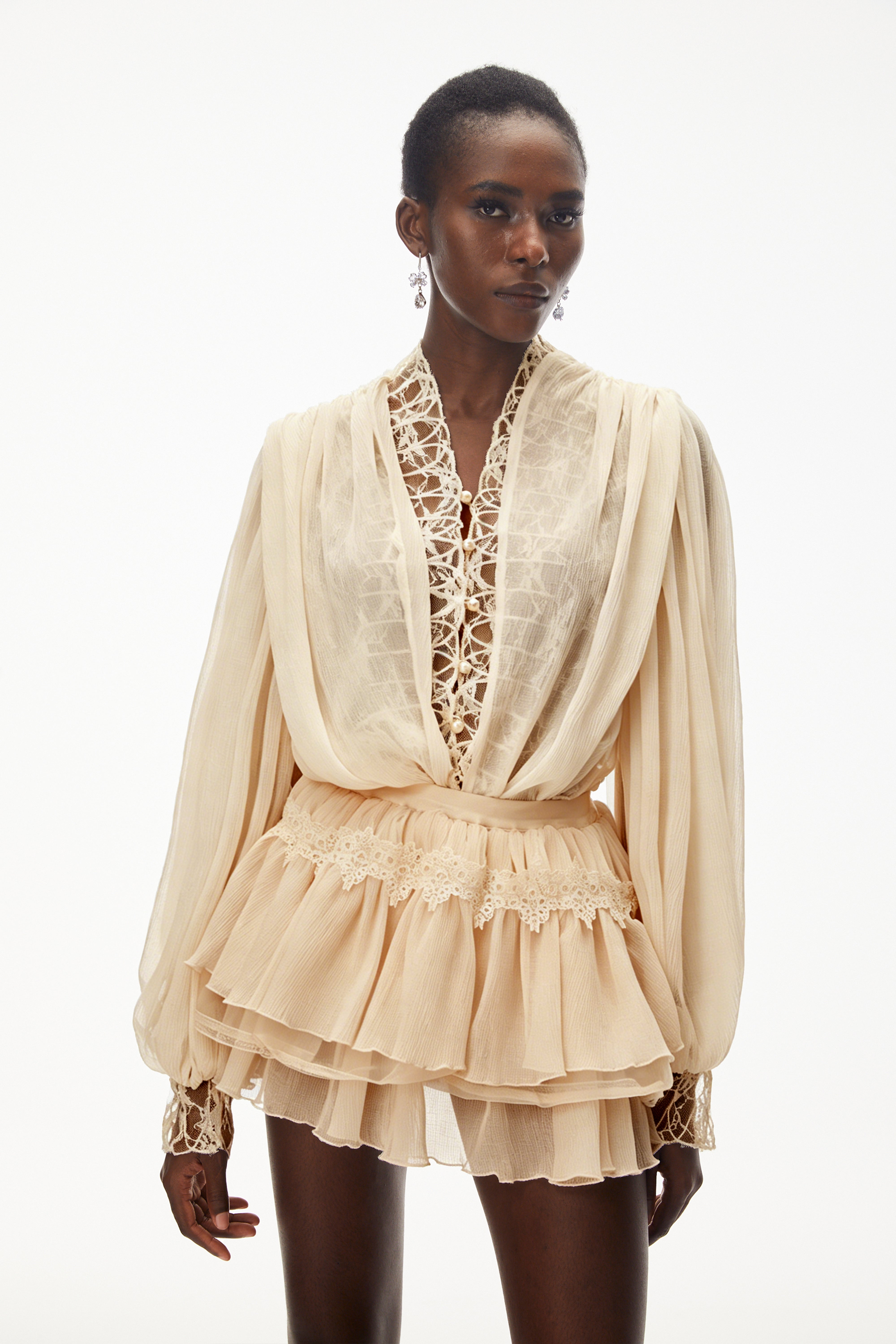Sophie Neutral Lace Trim Blouse & Tiered Skirt Set