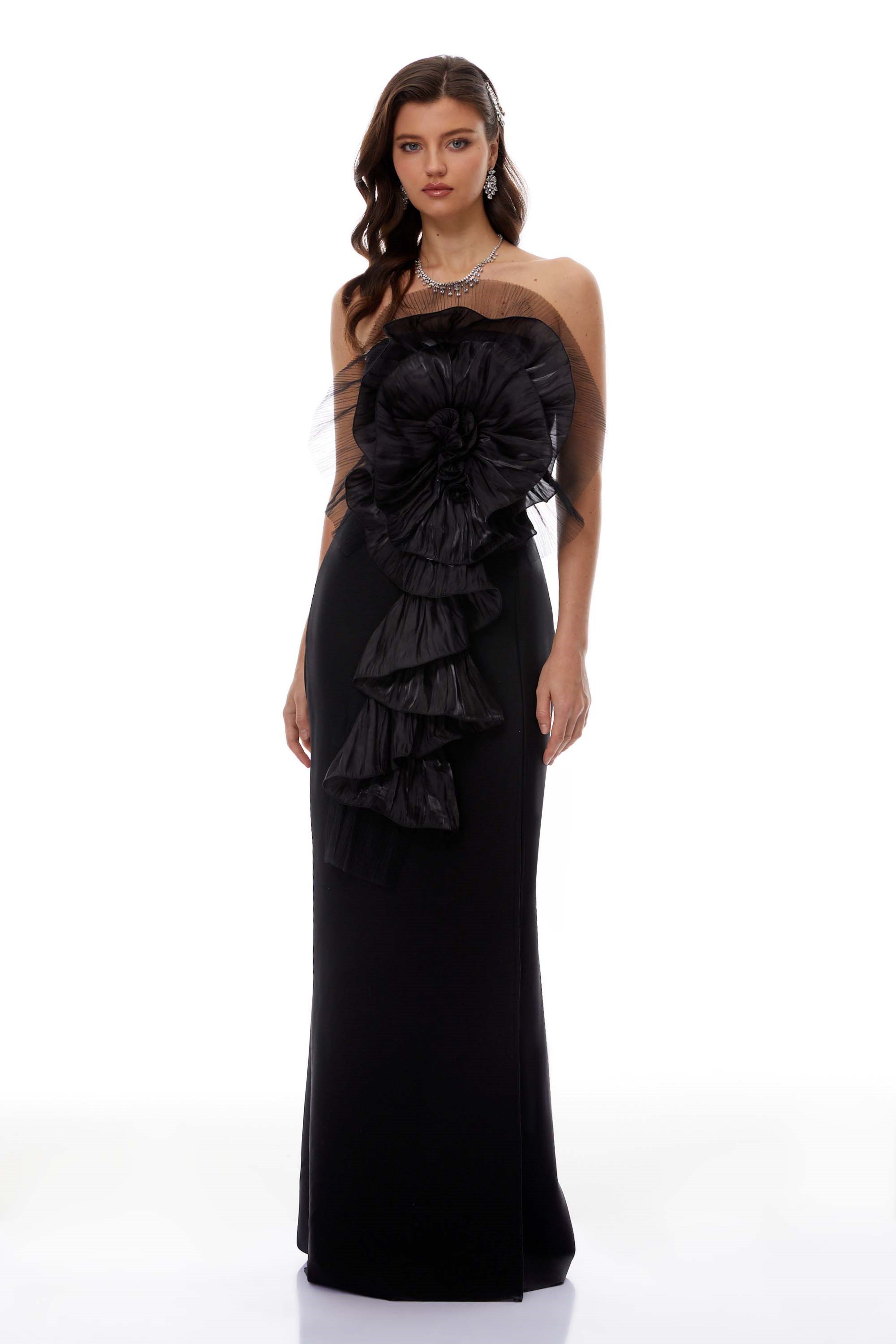 Susanne Black 3D Petal Ruffled Maxi Dress