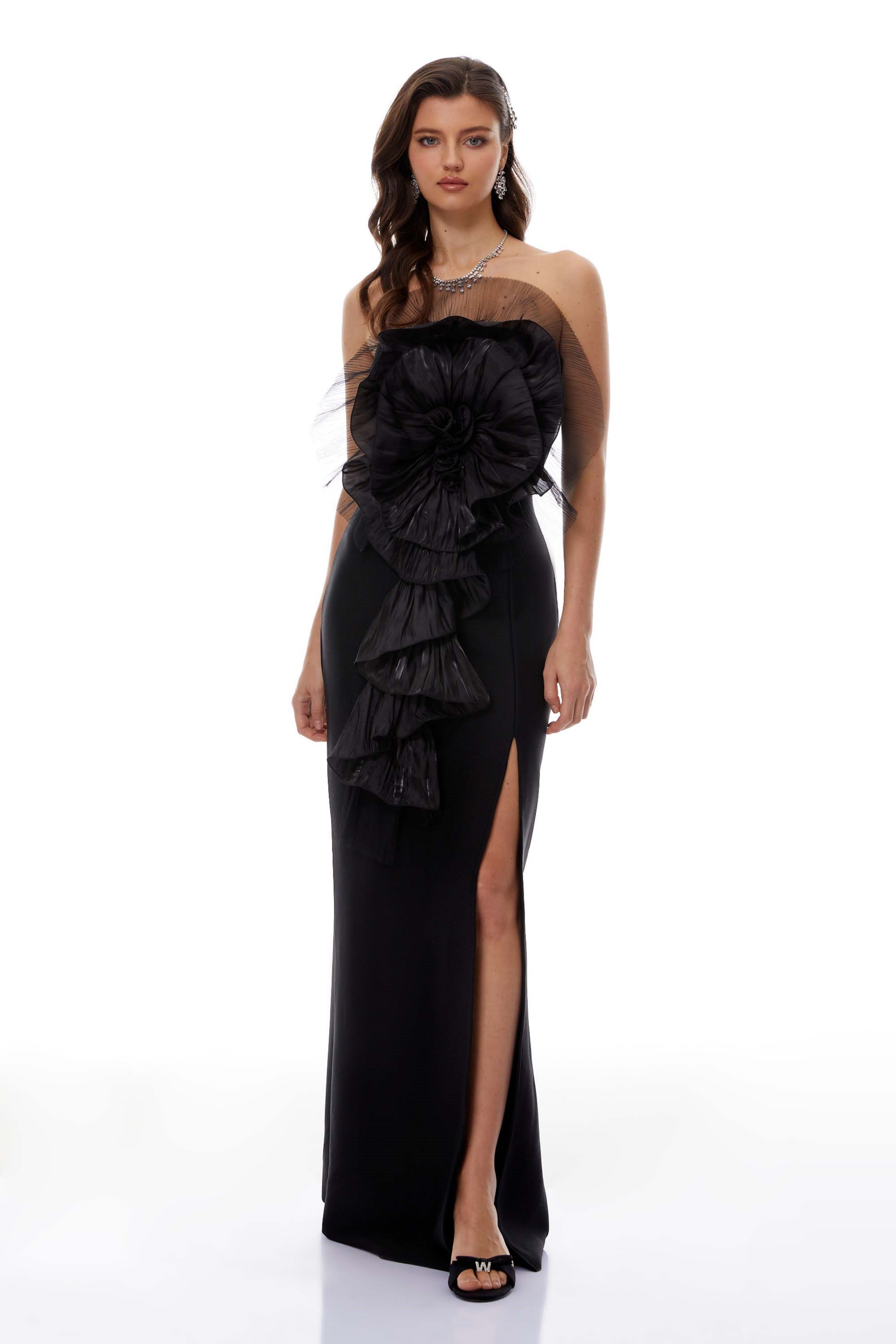 Susanne Black 3D Petal Ruffled Maxi Dress