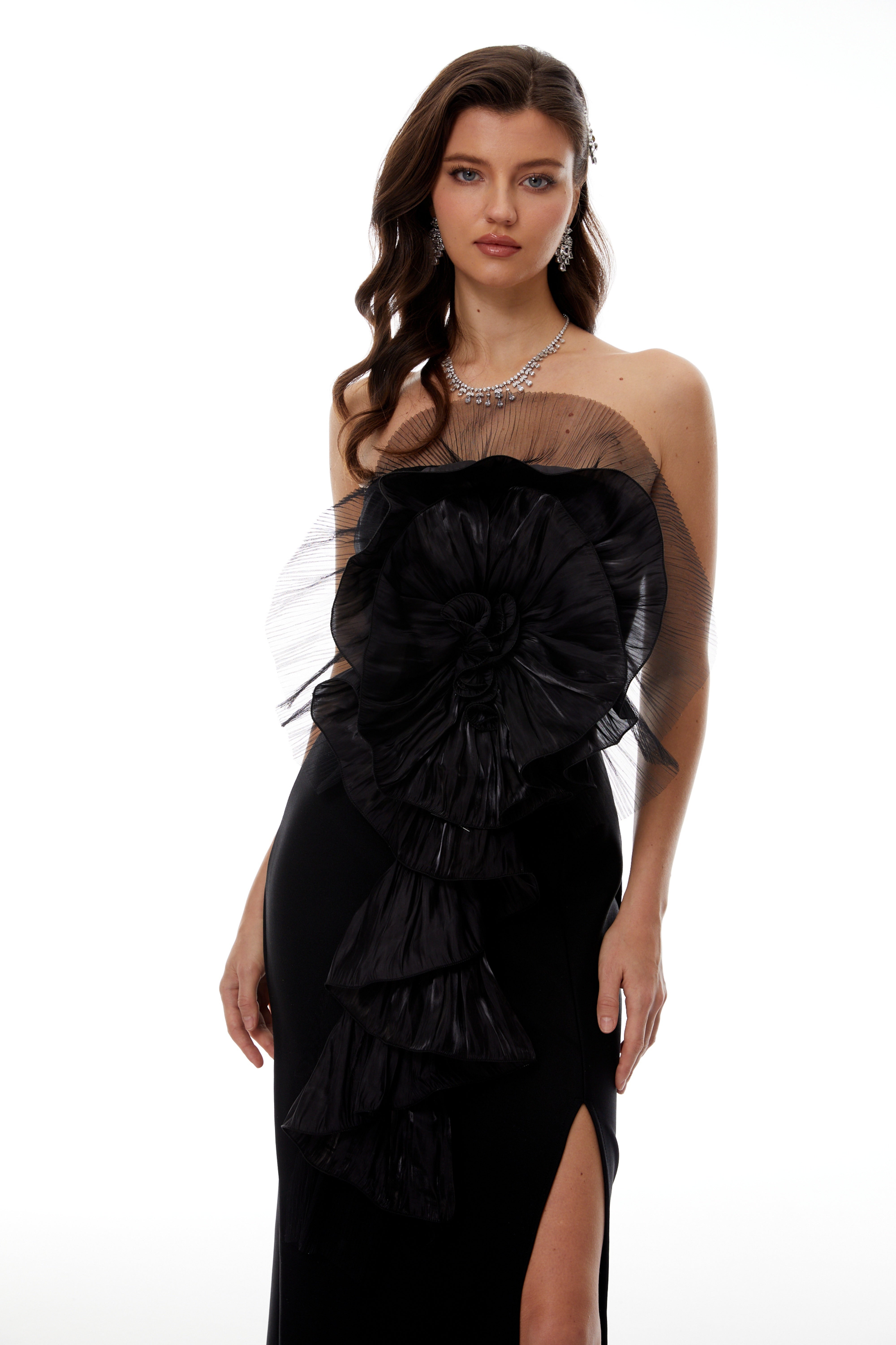 Susanne Black 3D Petal Ruffled Maxi Dress
