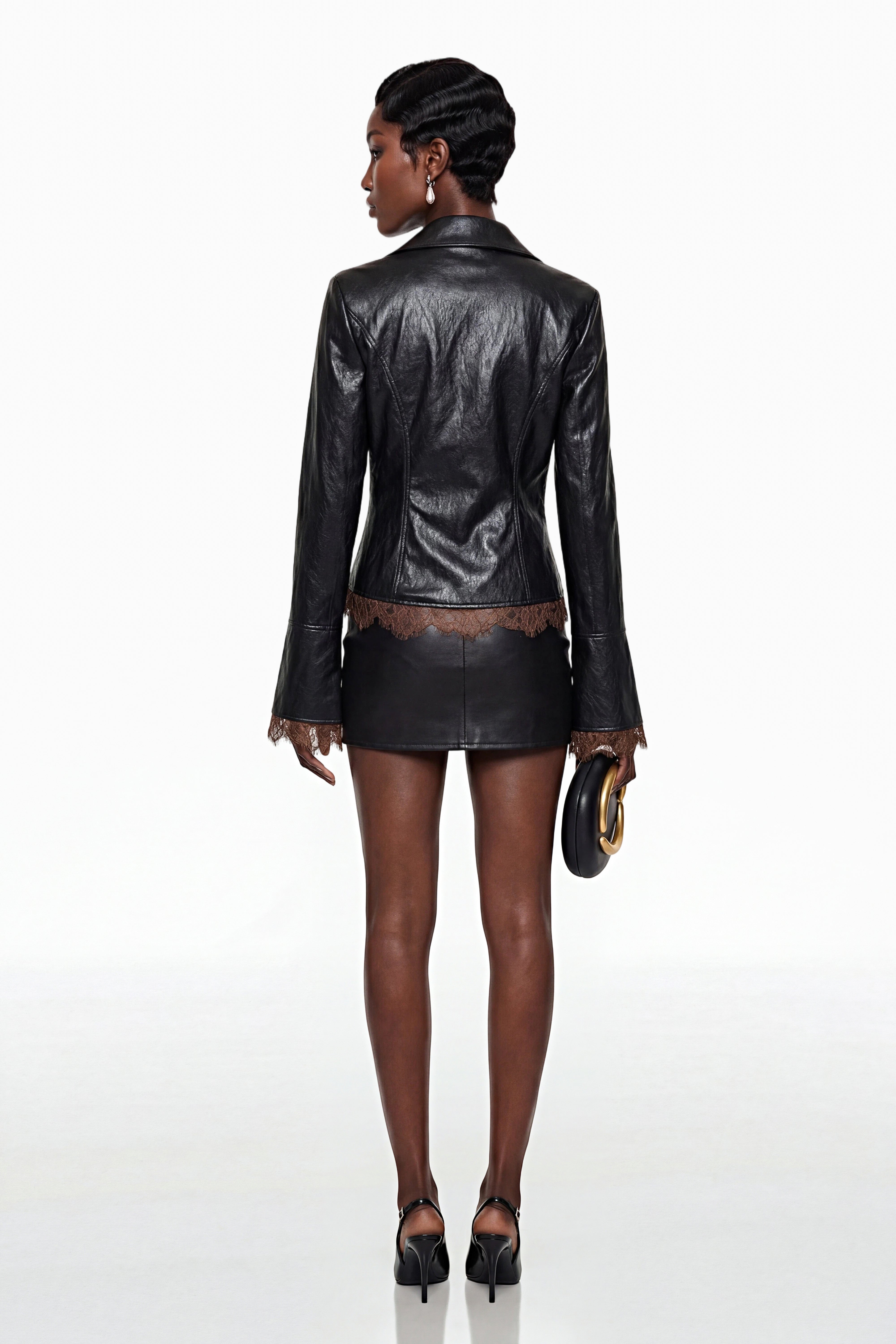 Swazi Black Faux Leather Jacket with Self-Tie Detail