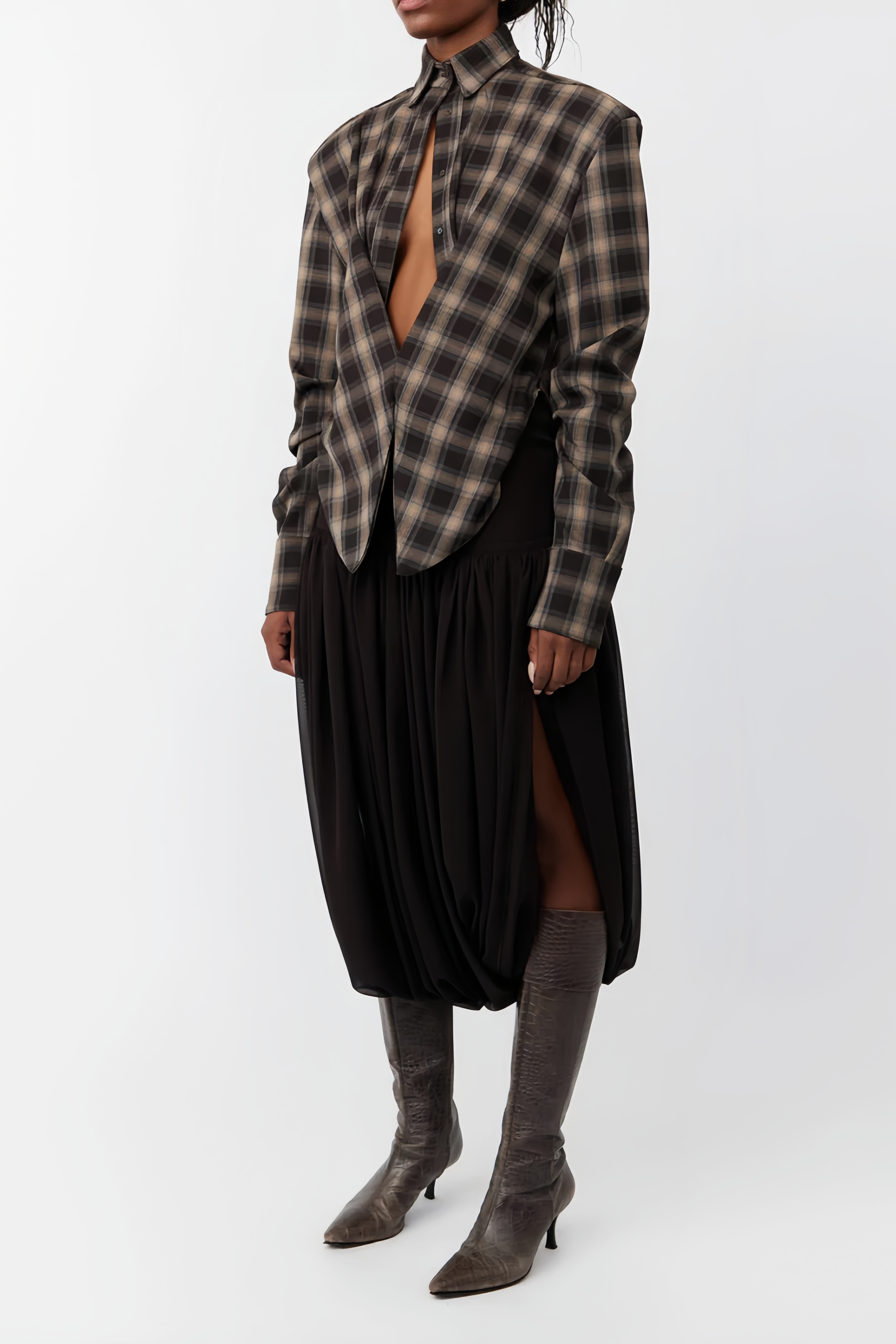 Brown Plaid Tailored Cutout Blouse