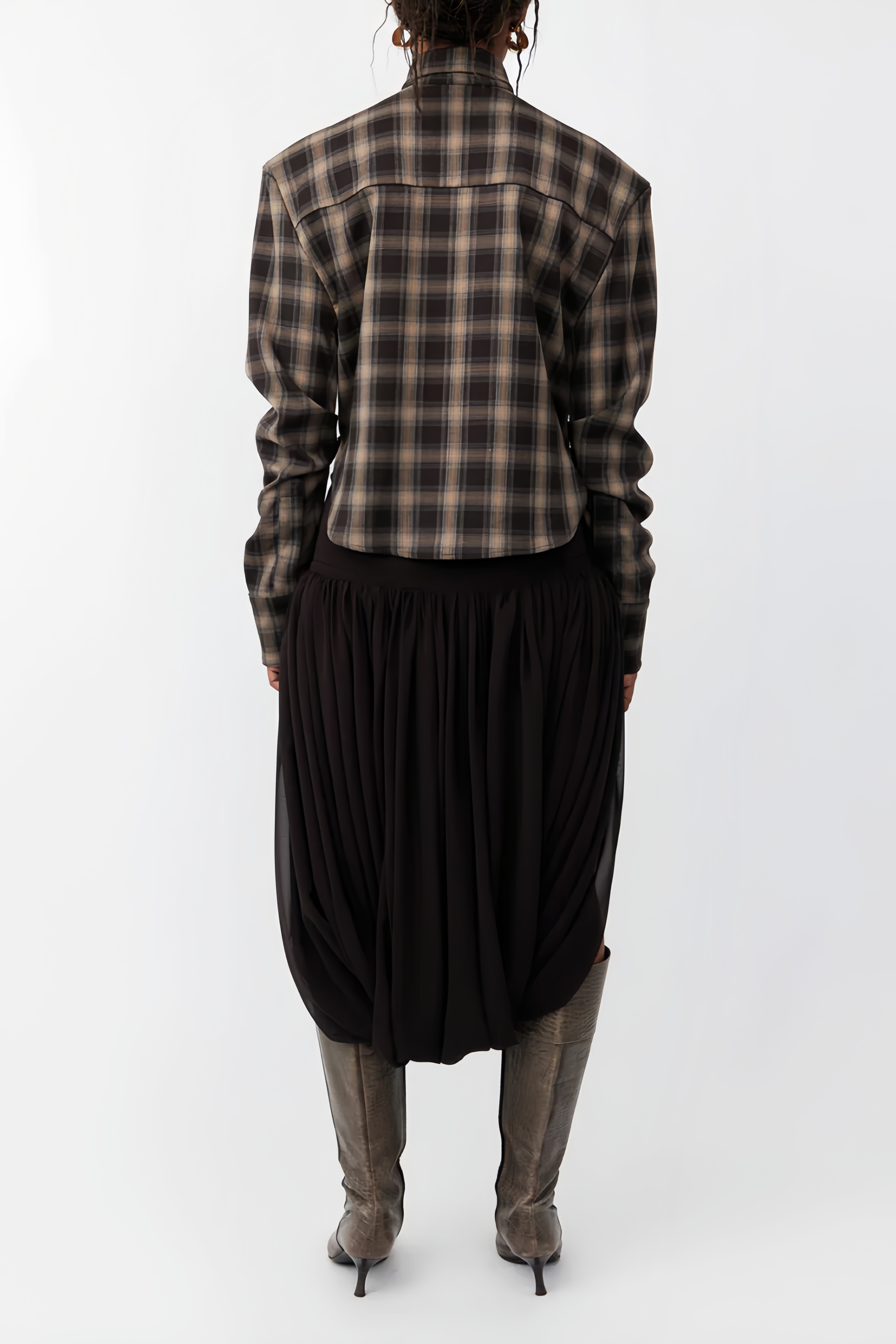 Brown Plaid Tailored Cutout Blouse