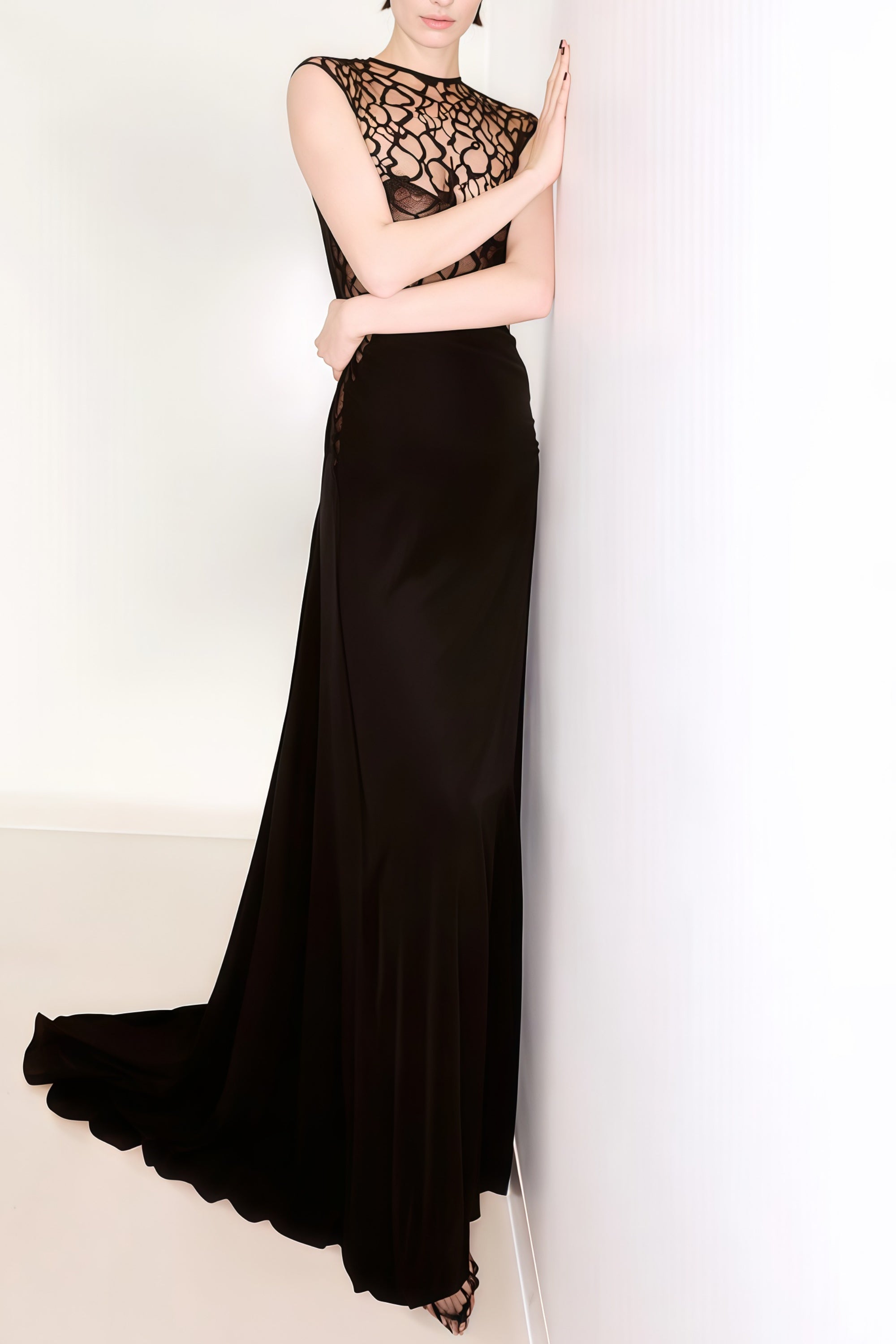 Ottilie Black Lace Panel Asymmetrical Maxi Dress
