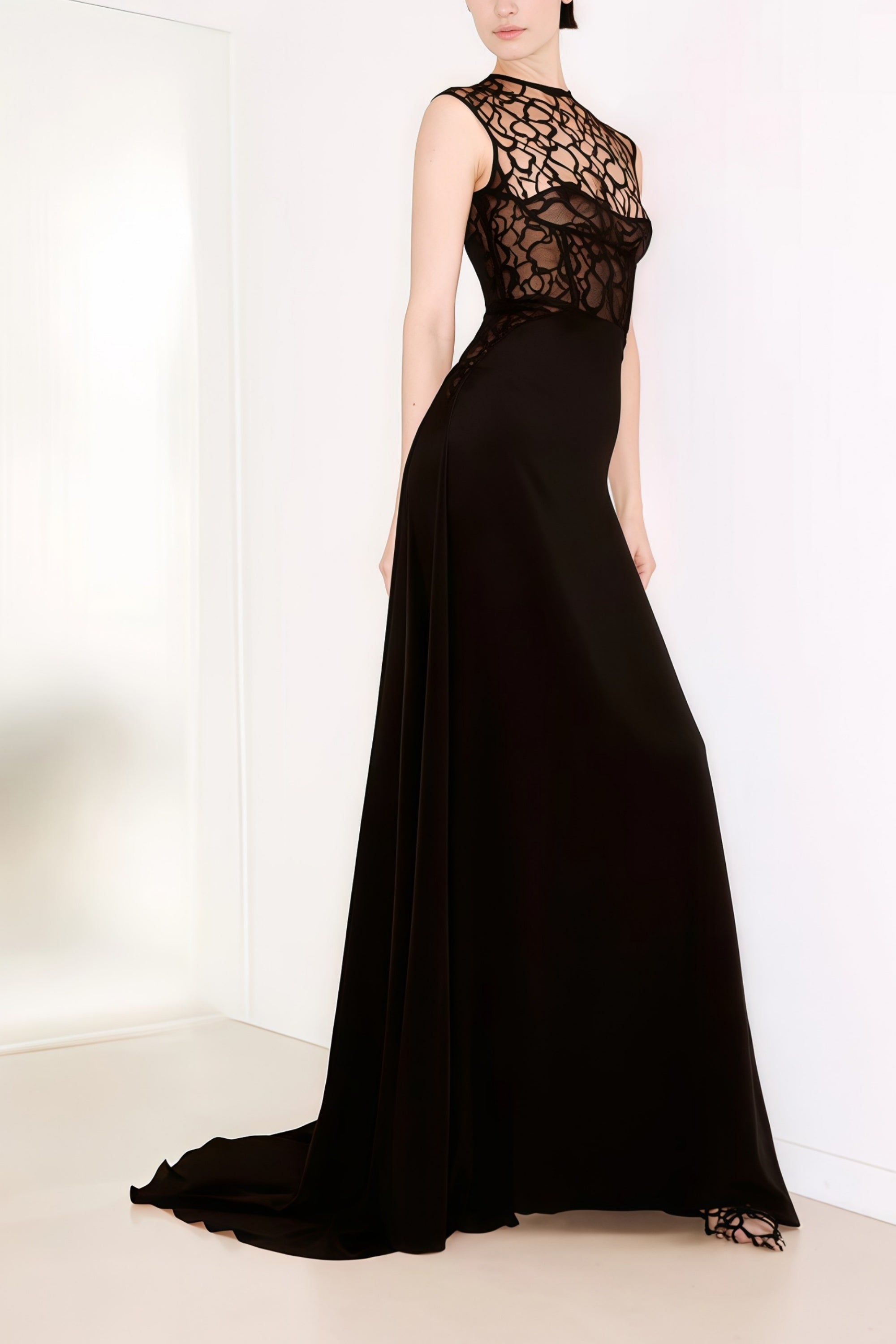 Ottilie Black Lace Panel Asymmetrical Maxi Dress