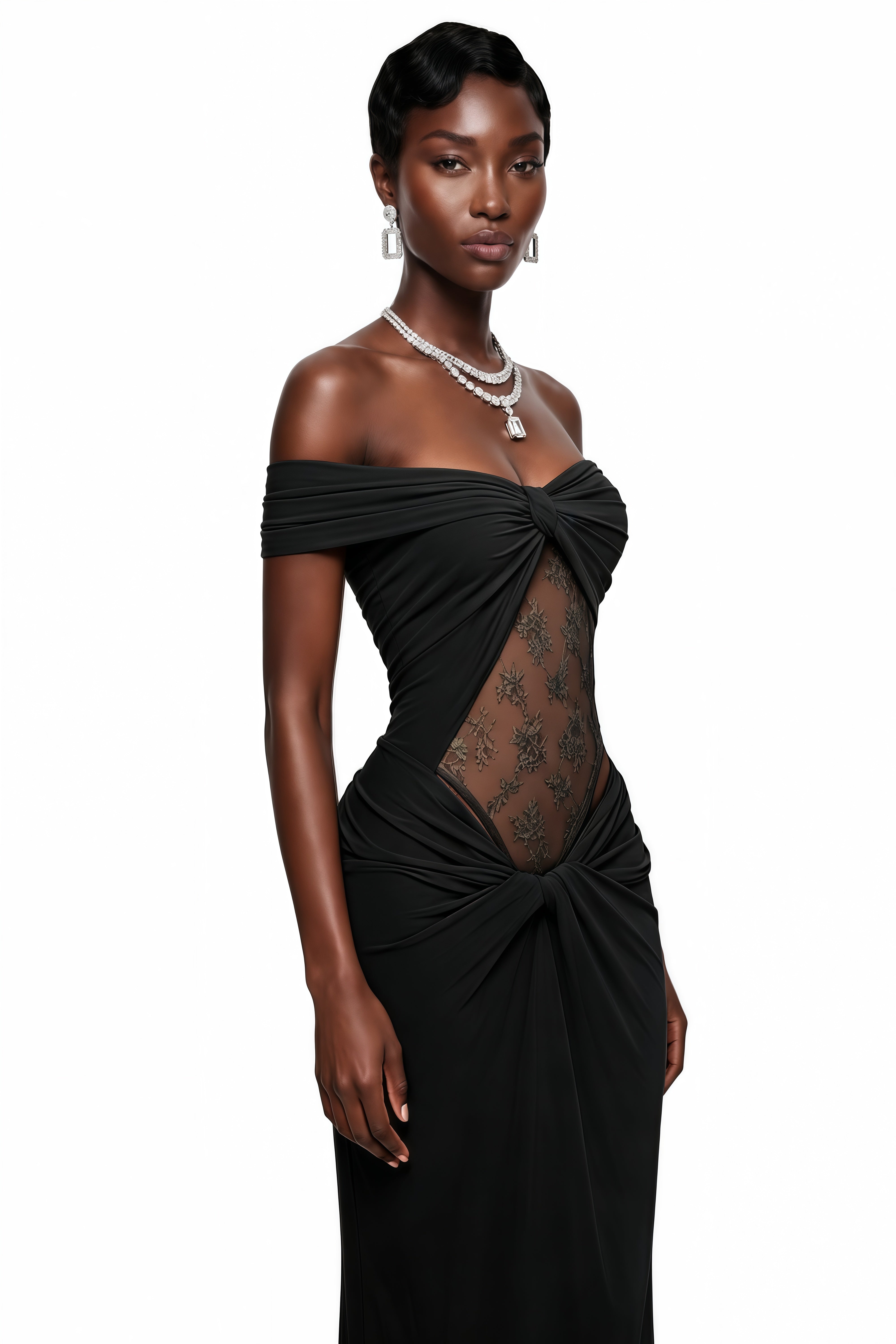 Tai Black One Shoulder Lace Maxi Dress
