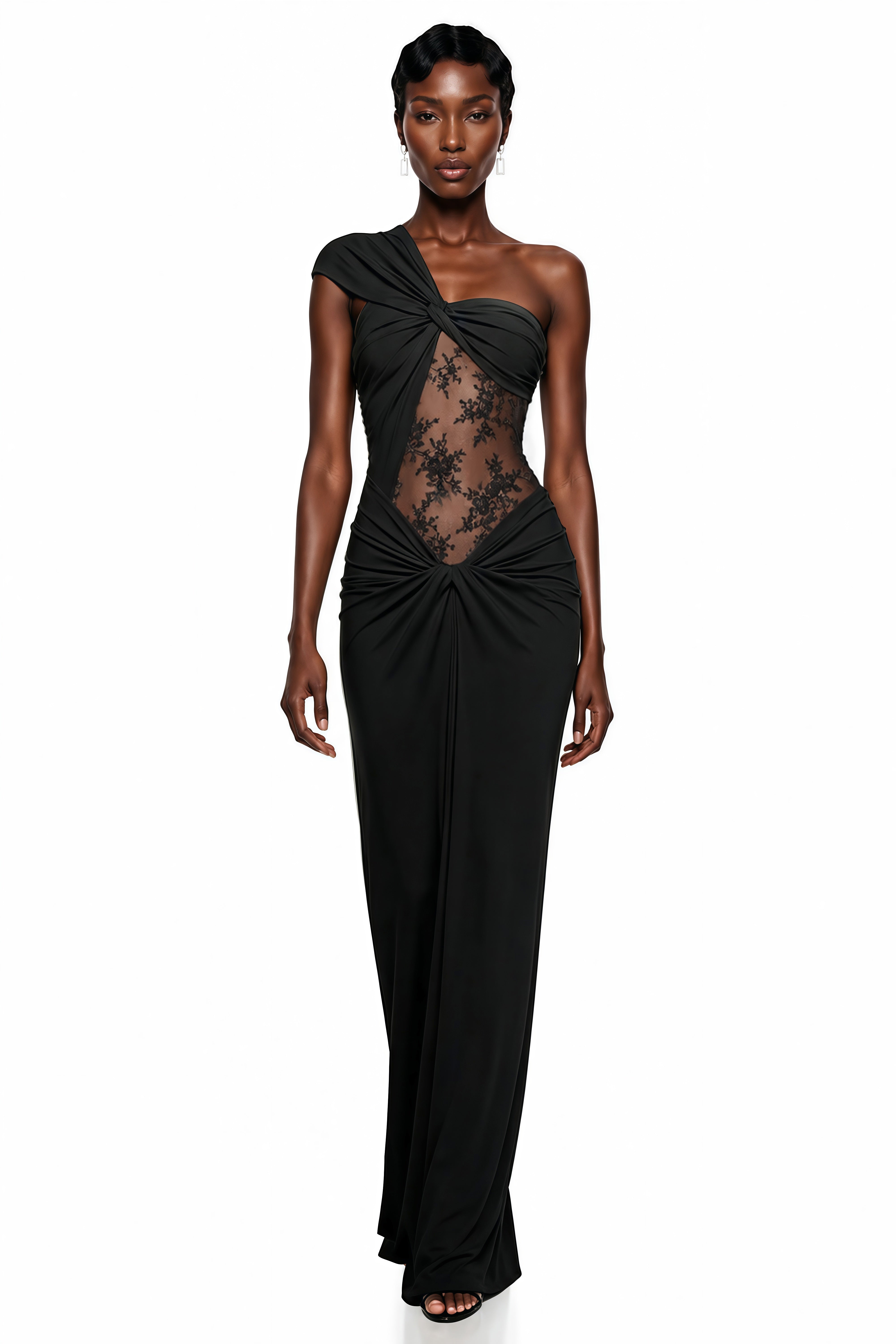 Black one-shoulder gown with cutouts and an embroidered sheer lace panel