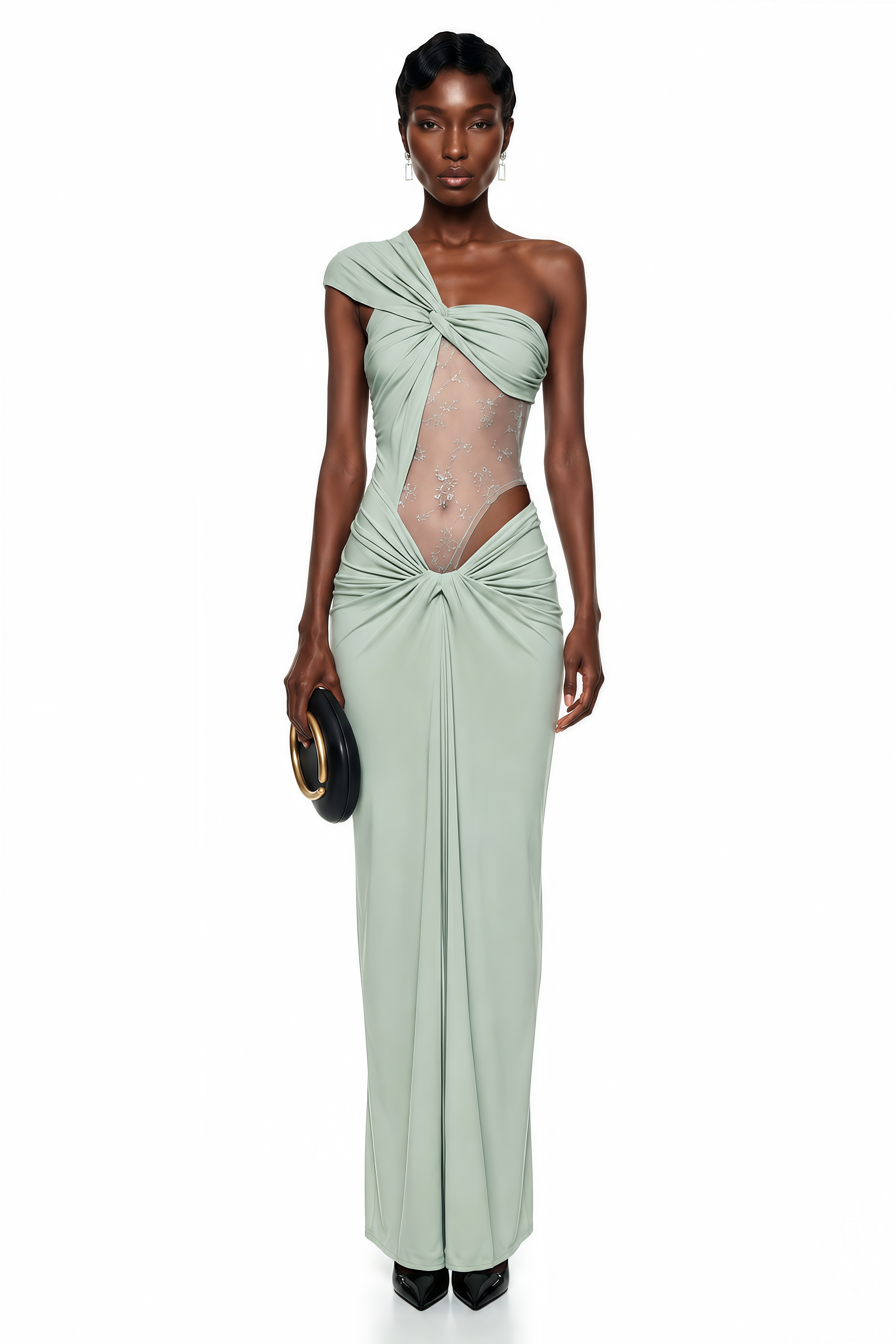 Sage green one-shoulder maxi dress featuring draped knot detailing and a sheer embroidered mesh bodice cutout