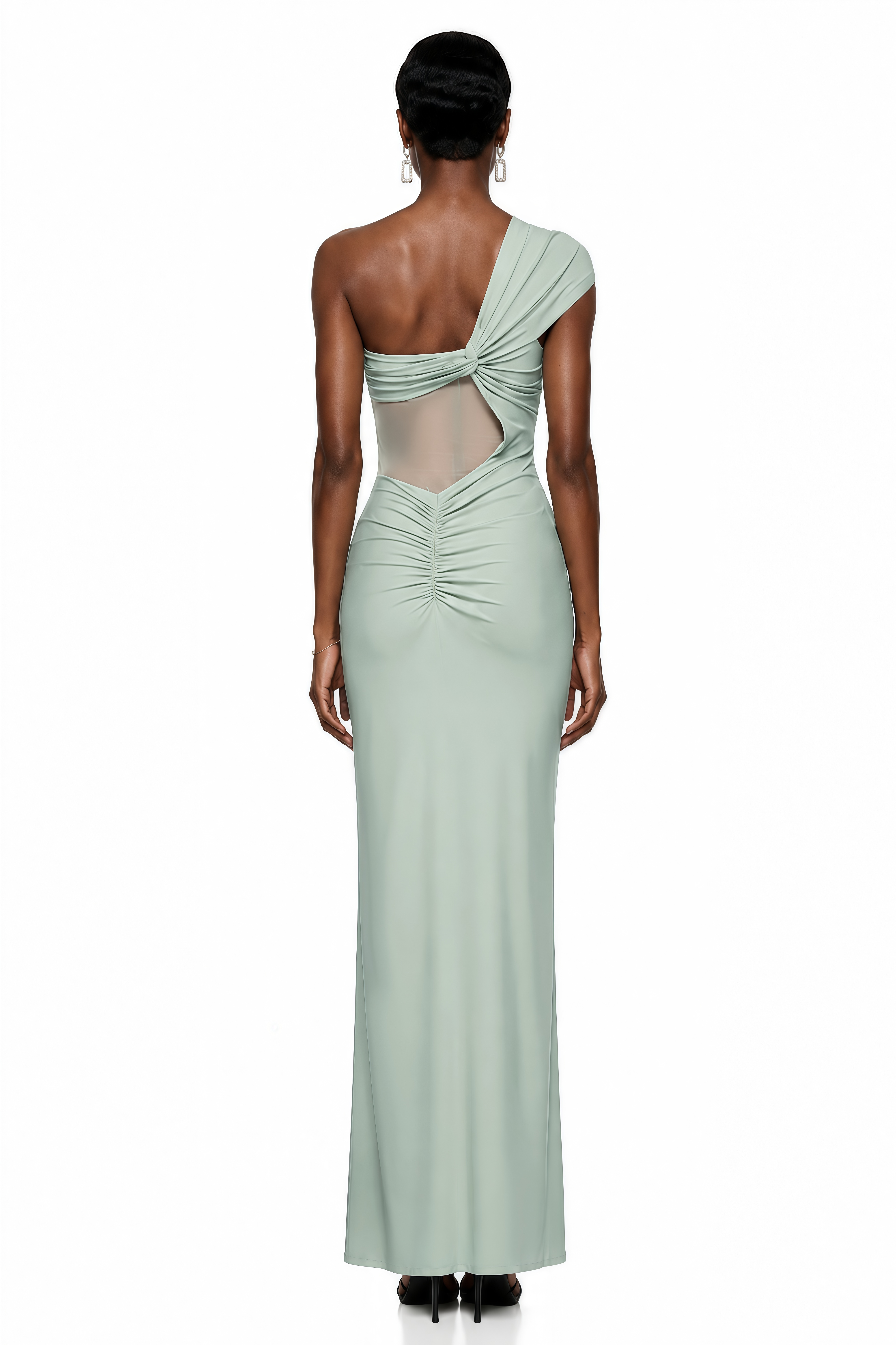 Sage green one-shoulder maxi dress featuring draped knot detailing and a sheer embroidered mesh bodice cutout