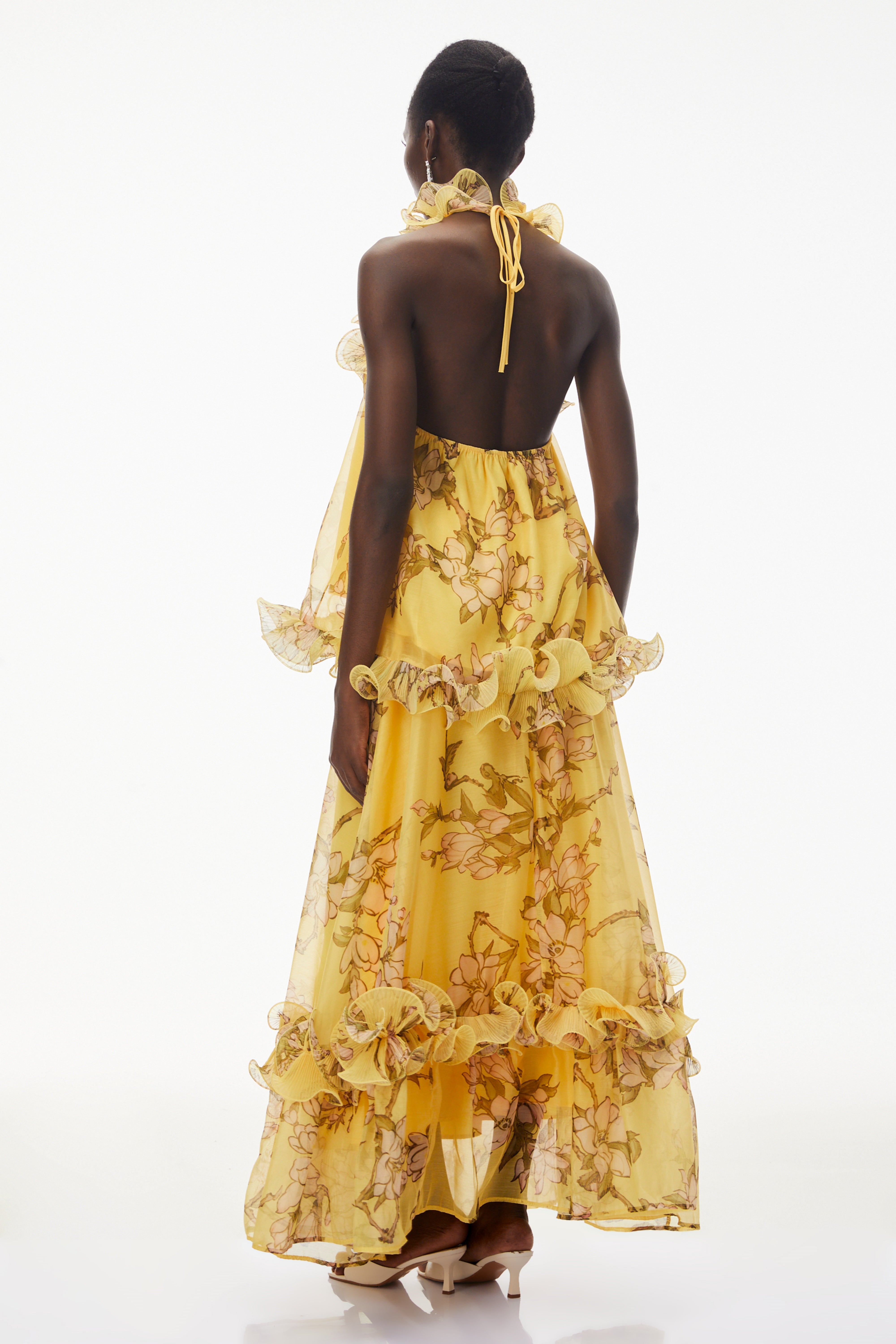 Ensemble jupe et haut à volants à motif floral jaune Tamanna