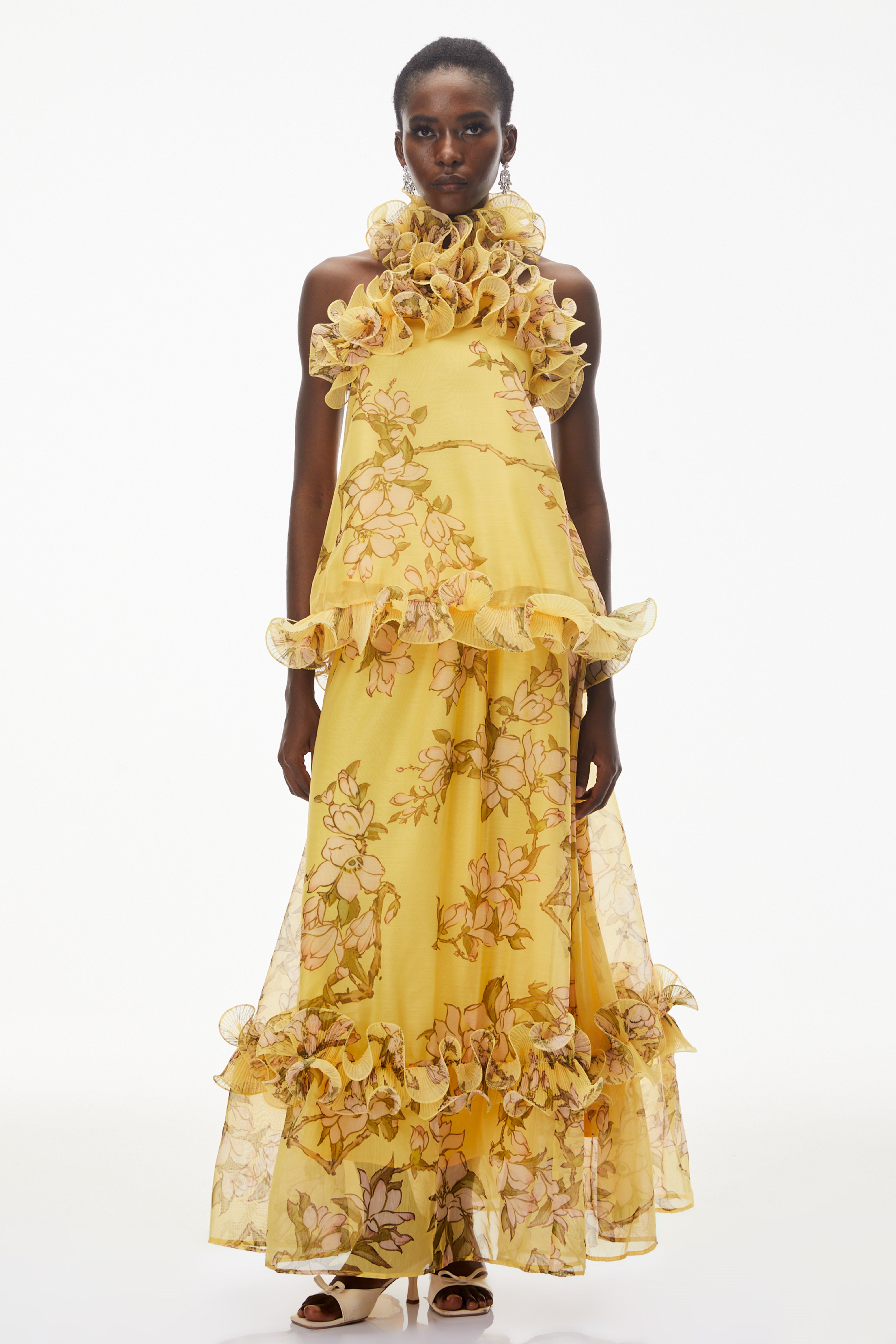 Ensemble jupe et haut à volants à motif floral jaune Tamanna