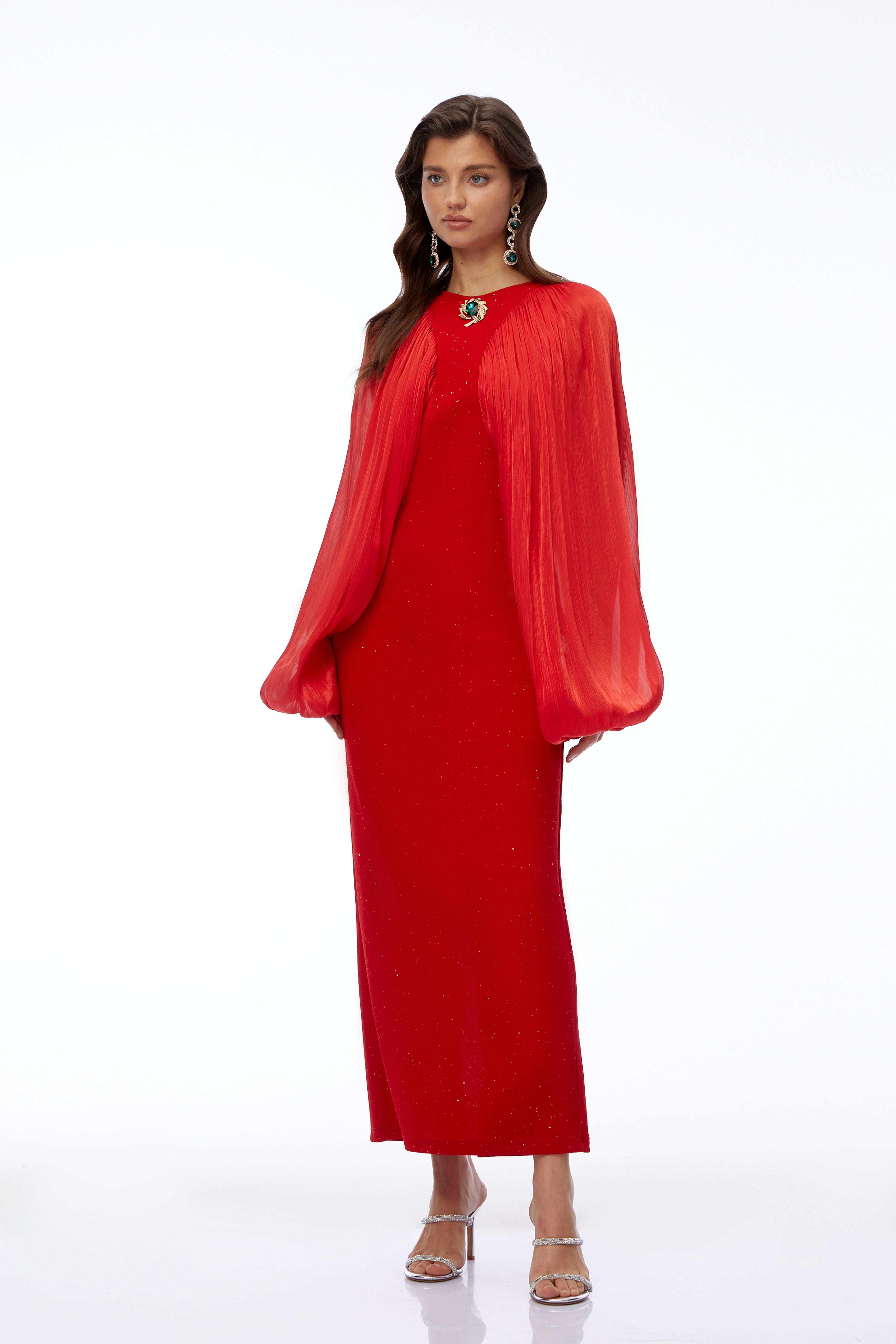 Tessa Red Ruched Maxi Dress with Ballon Sleeves