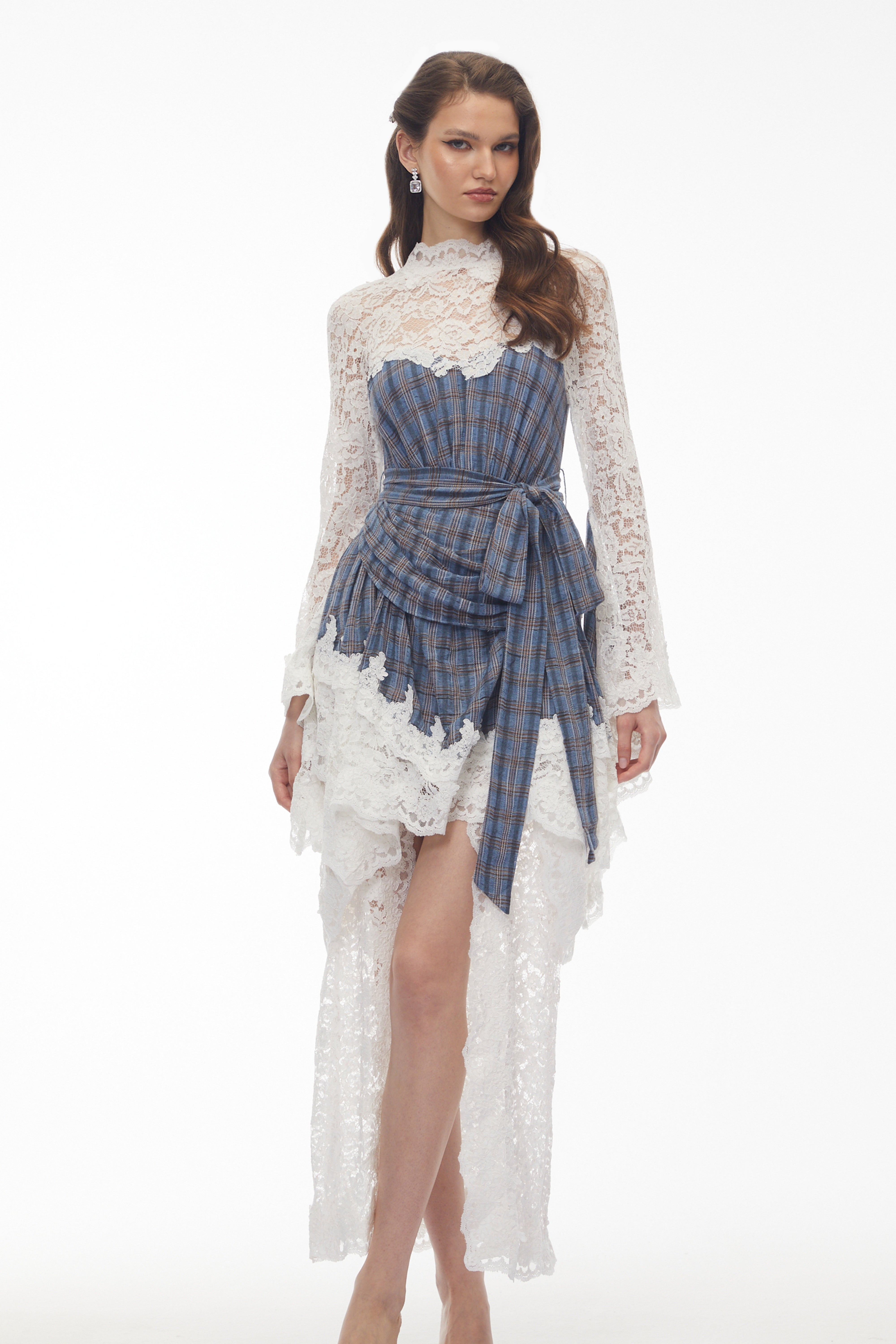 Robe mi-longue à carreaux et dentelle florale « Thalassa Blue »