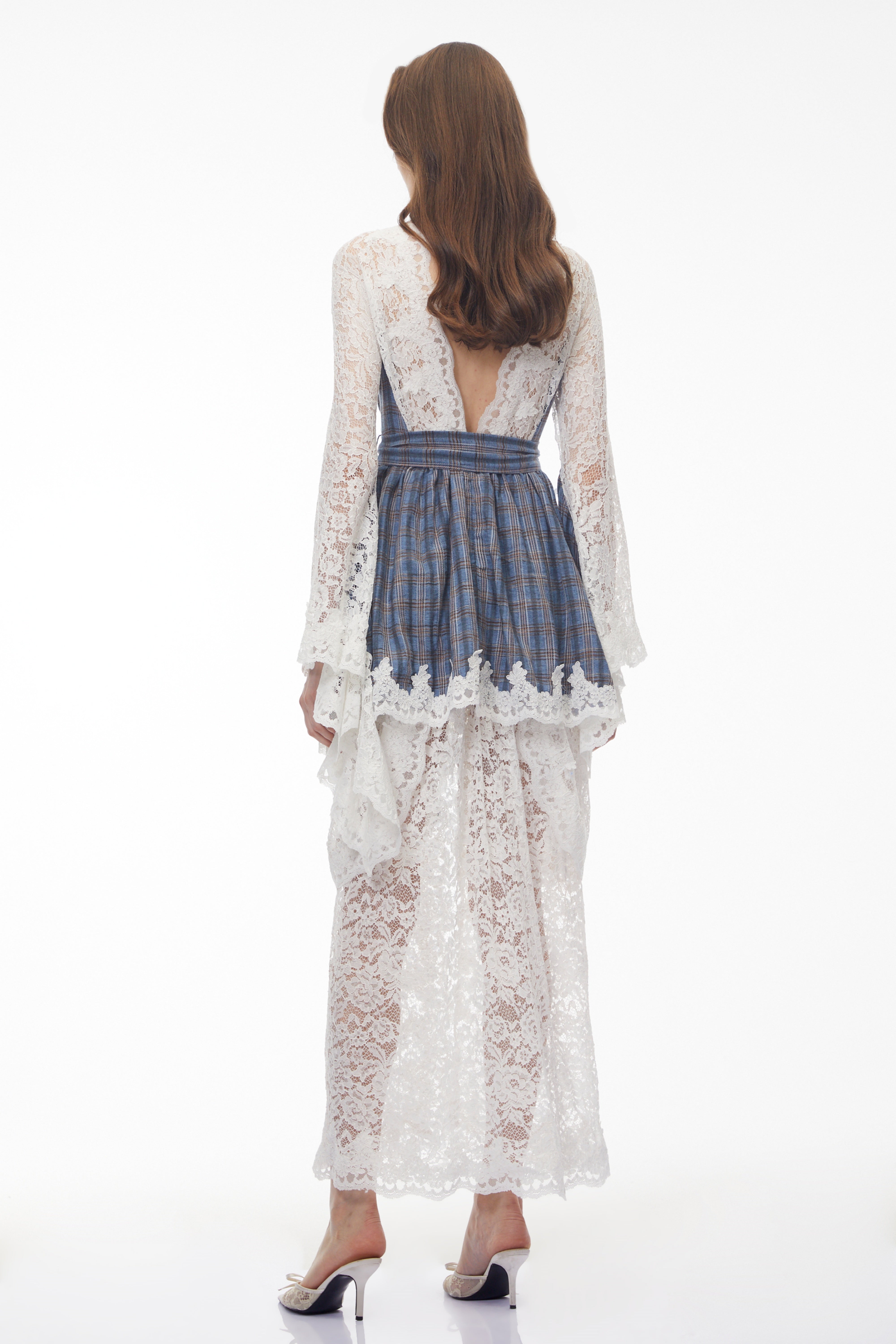 Robe mi-longue à carreaux et dentelle florale « Thalassa Blue »