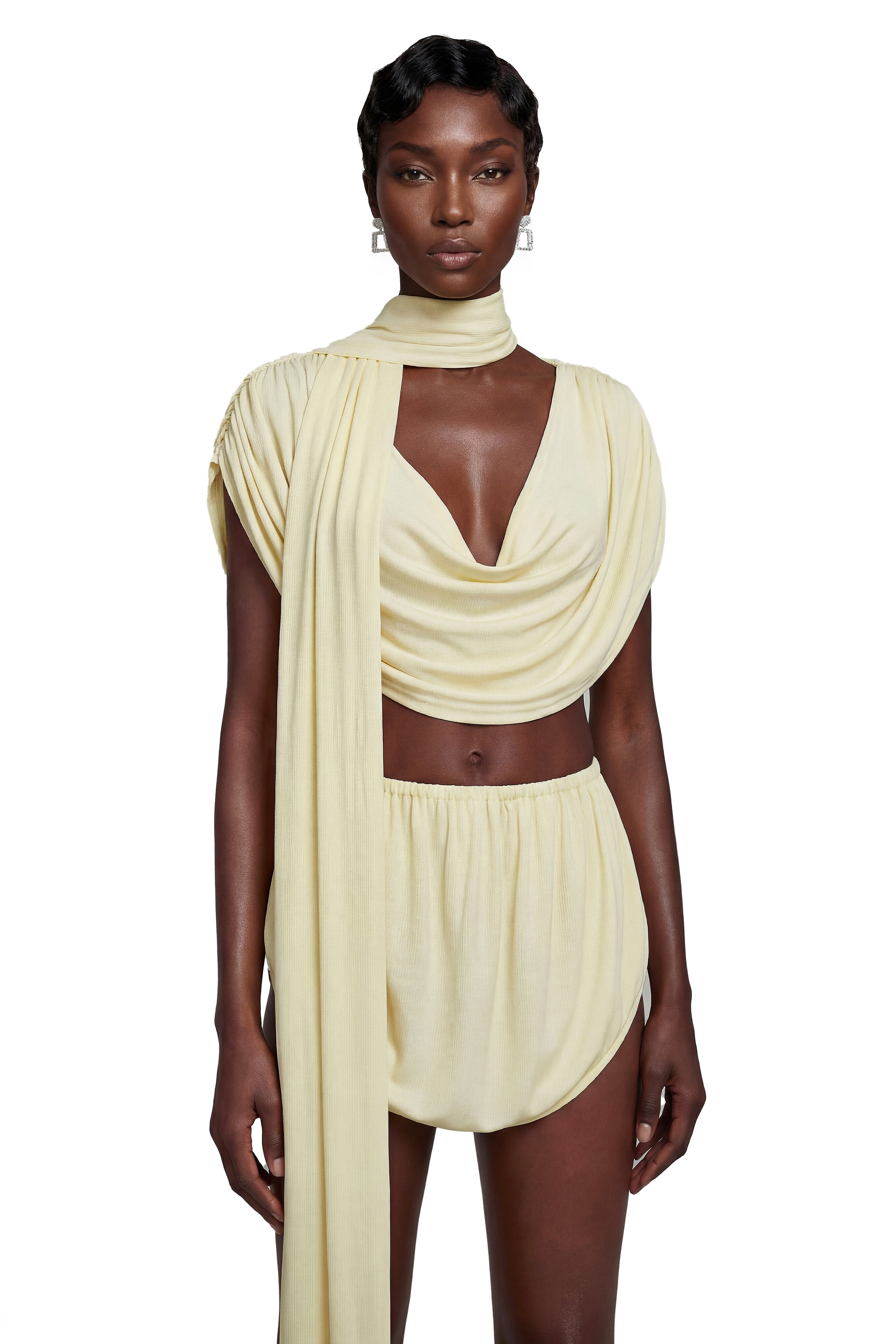 Thalora Cream Ruched Top & Skirt Set with Ribbon
