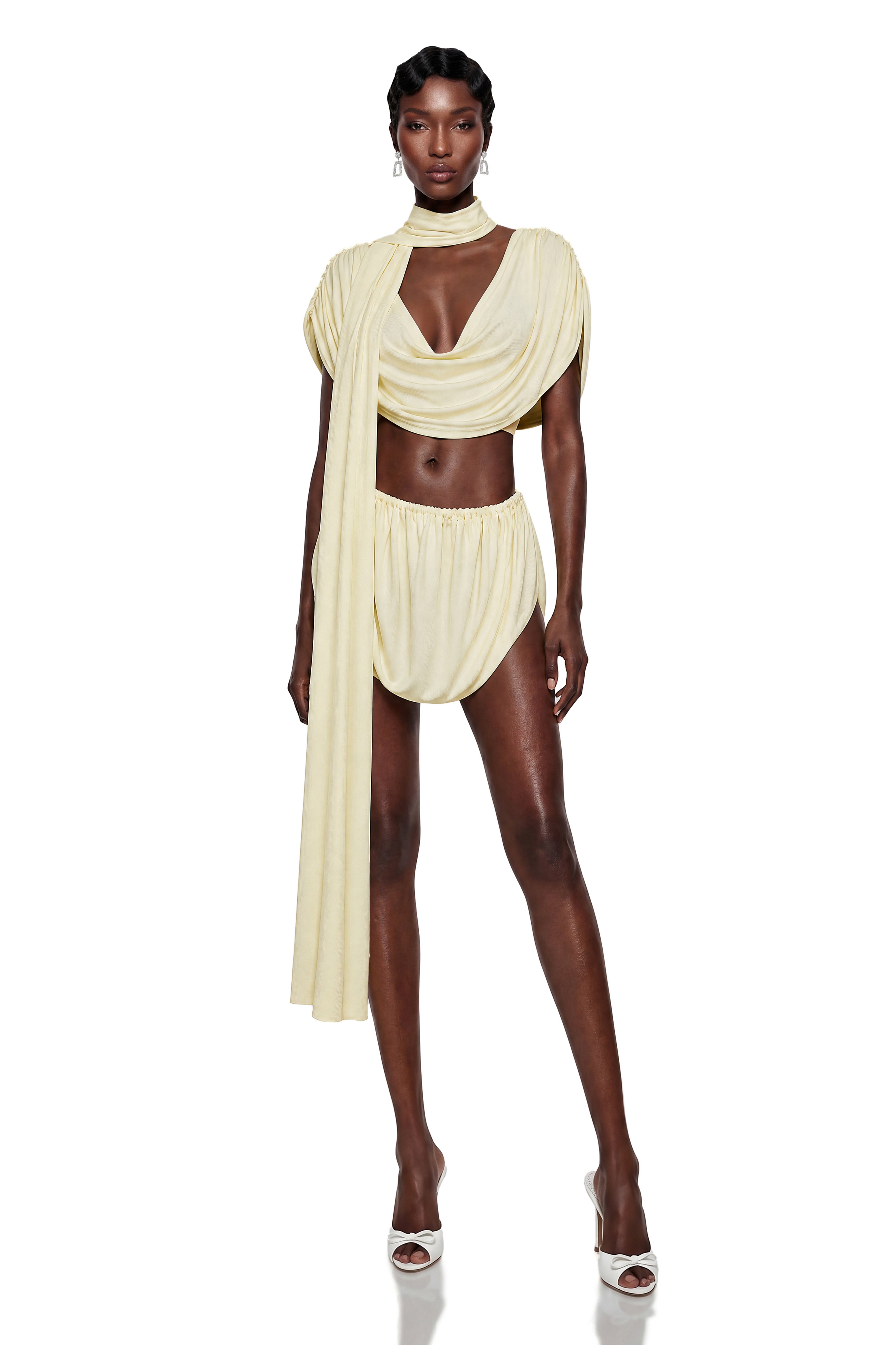 Thalora Cream Ruched Top & Skirt Set with Ribbon