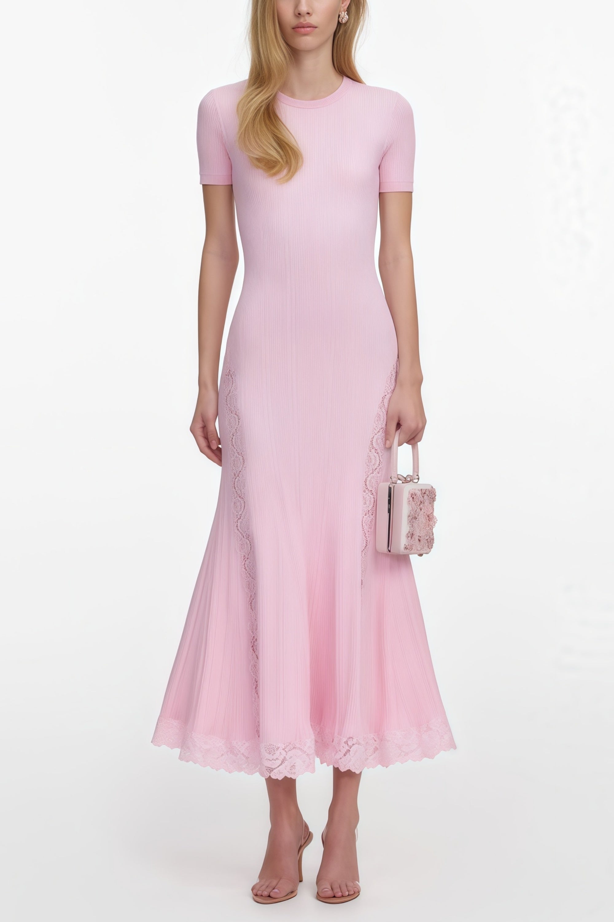 Thalya Pink Lace Trim Knit Midi Dress
