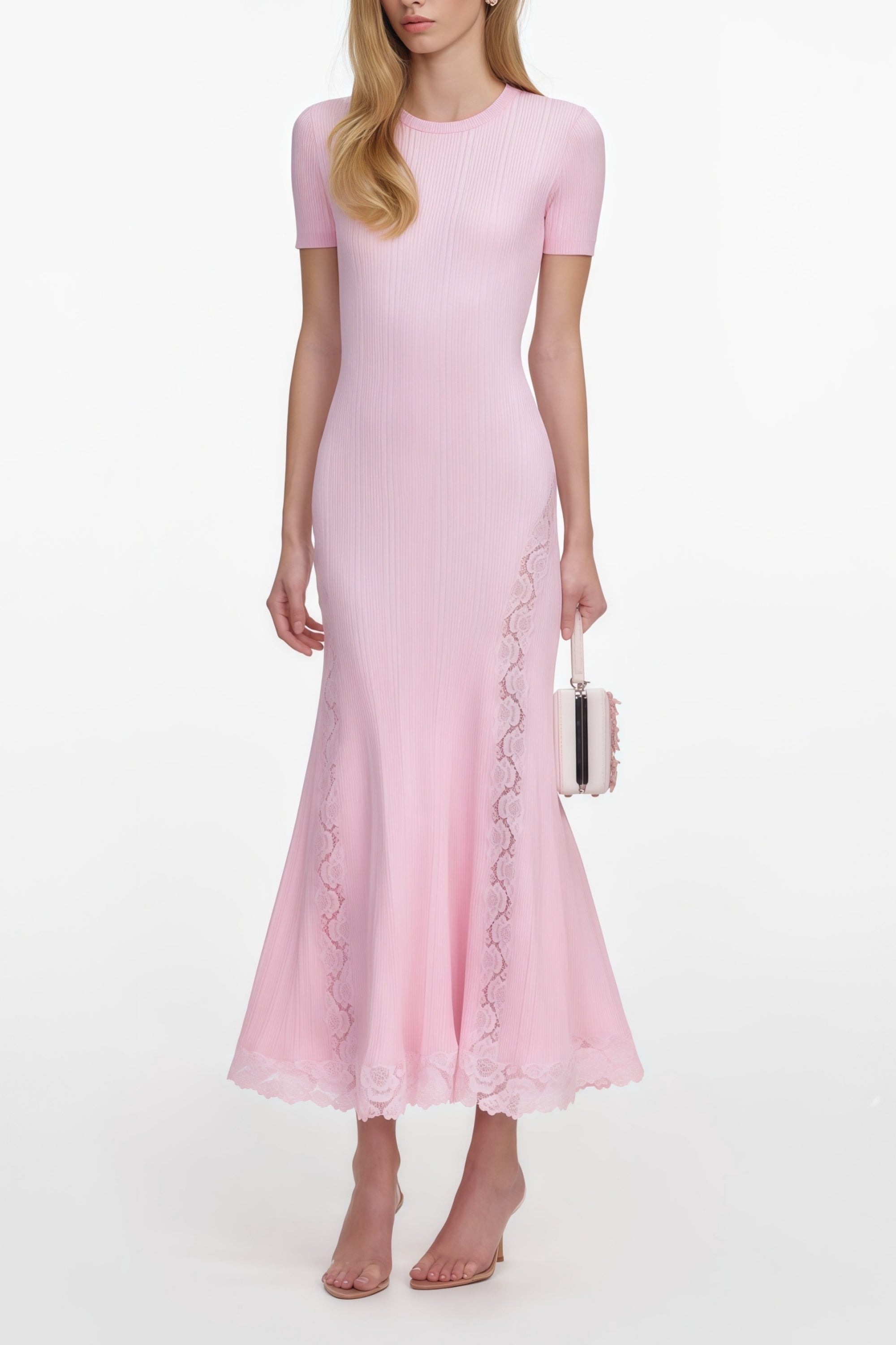 Thalya Pink Lace Trim Knit Midi Dress