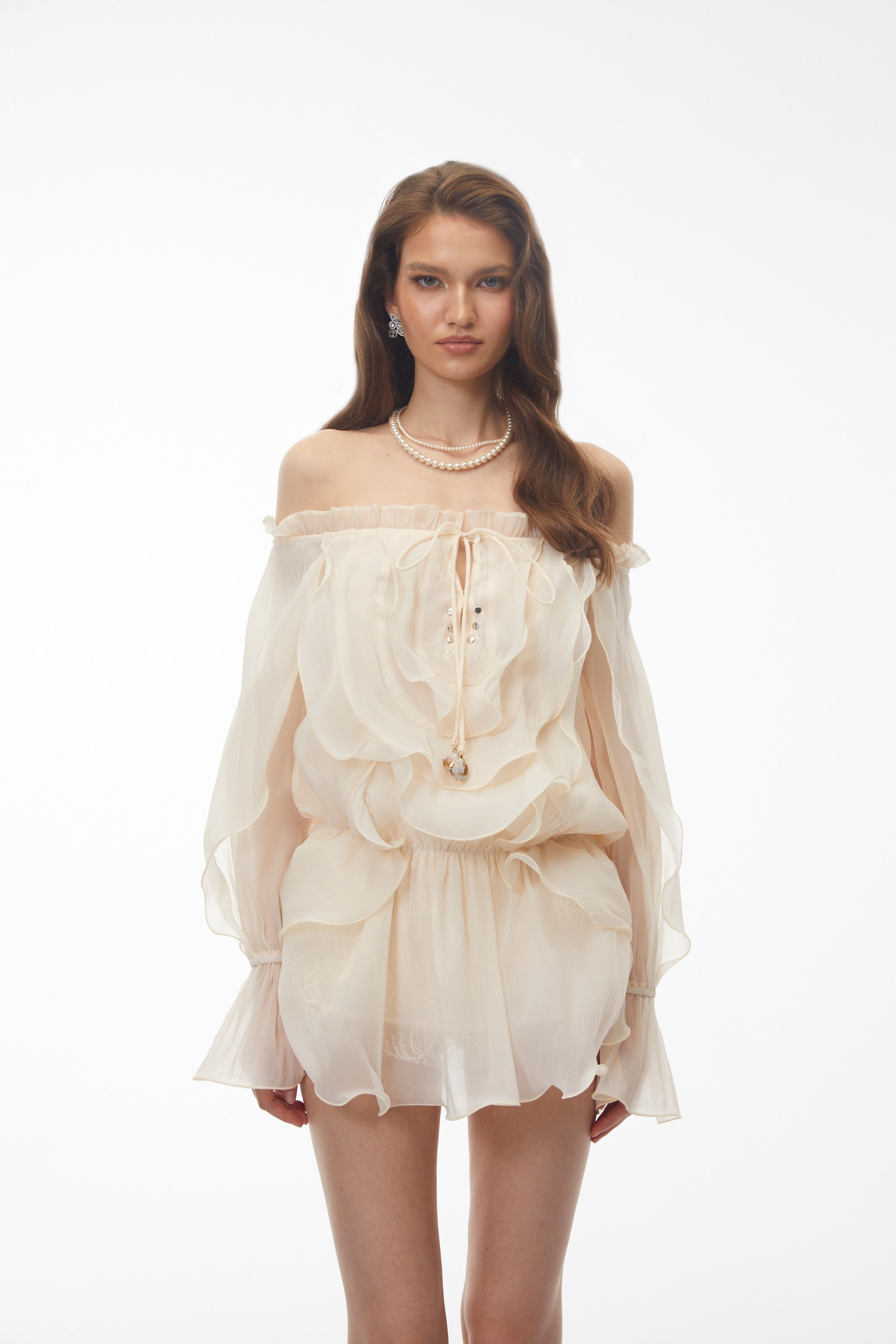 Theodor Cream Ruffled Mini Dress with Lantern Sleeves