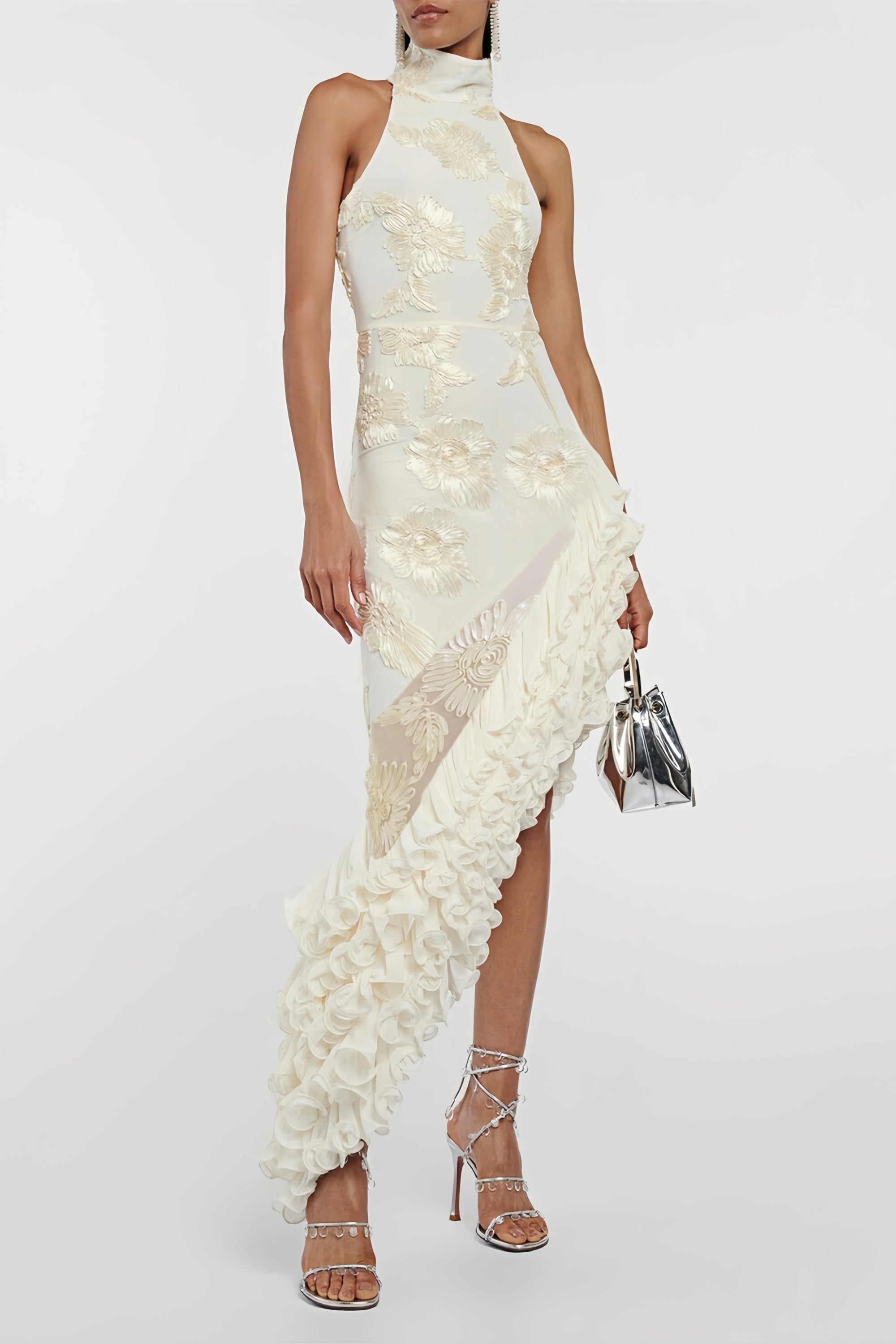 Théoline Neutrales asymmetrisches Midi-Kleid mit Rüschen und Blumenmuster