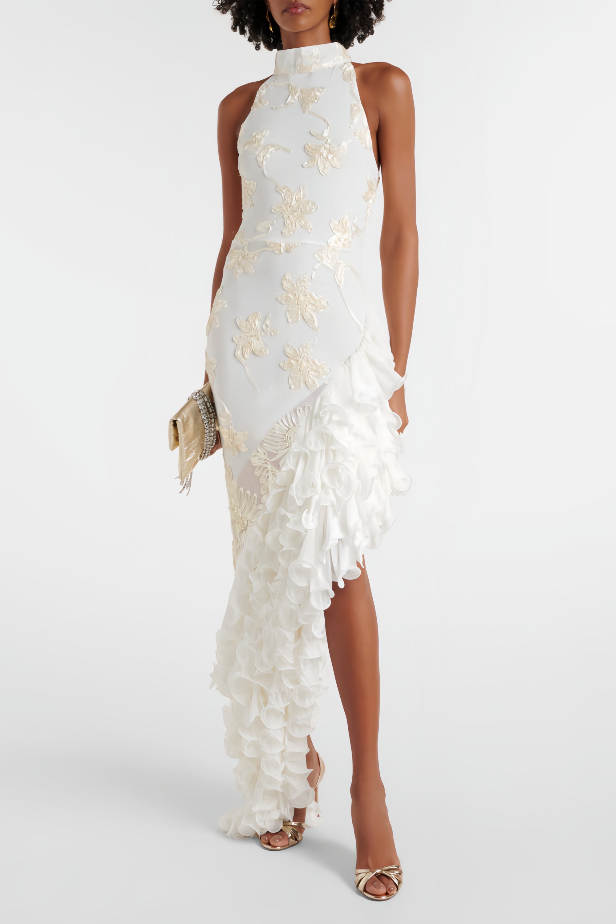 Théoline Neutrales asymmetrisches Midi-Kleid mit Rüschen und Blumenmuster