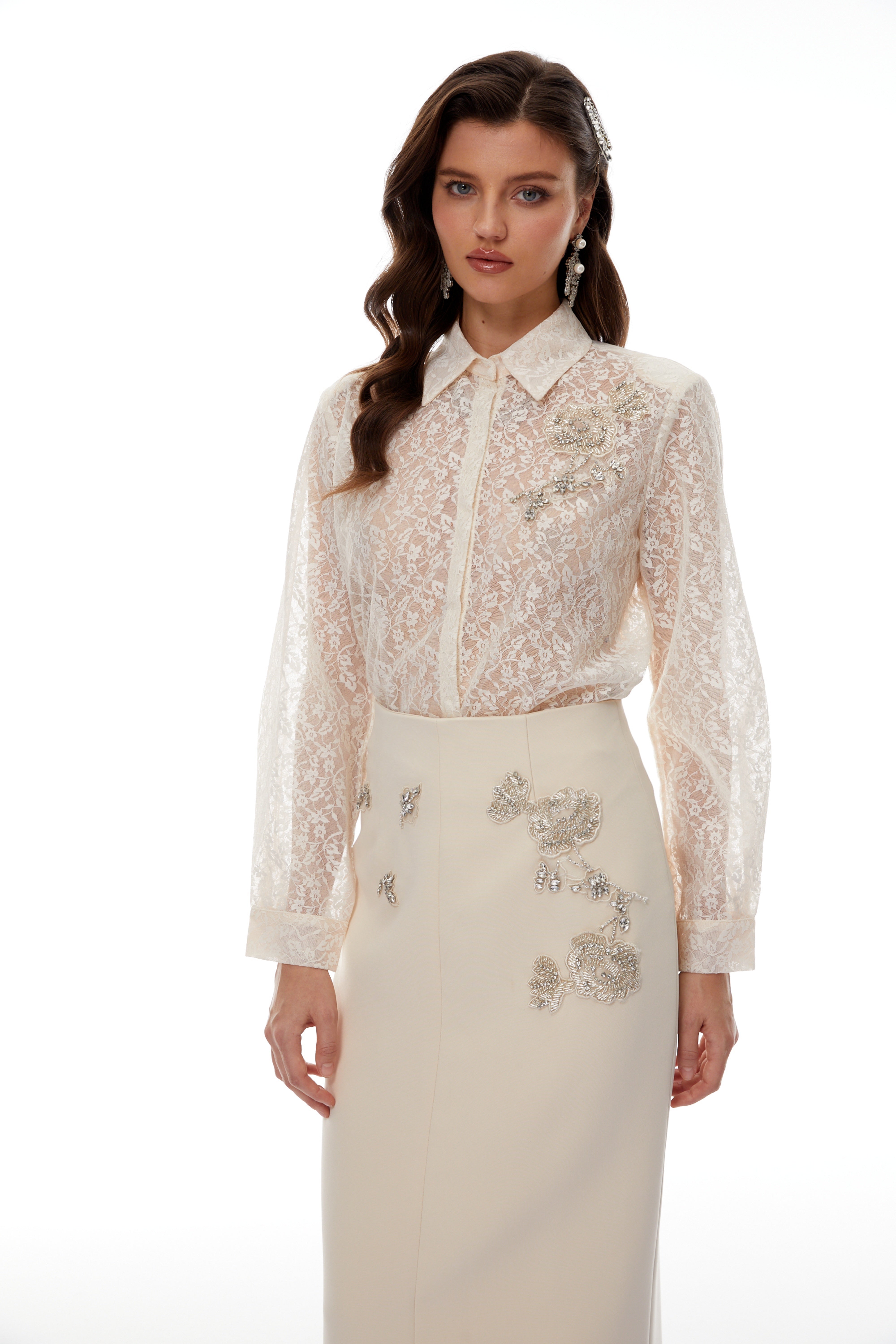 Theresa Neutrals Floral Lace Shirt & Skirt Set