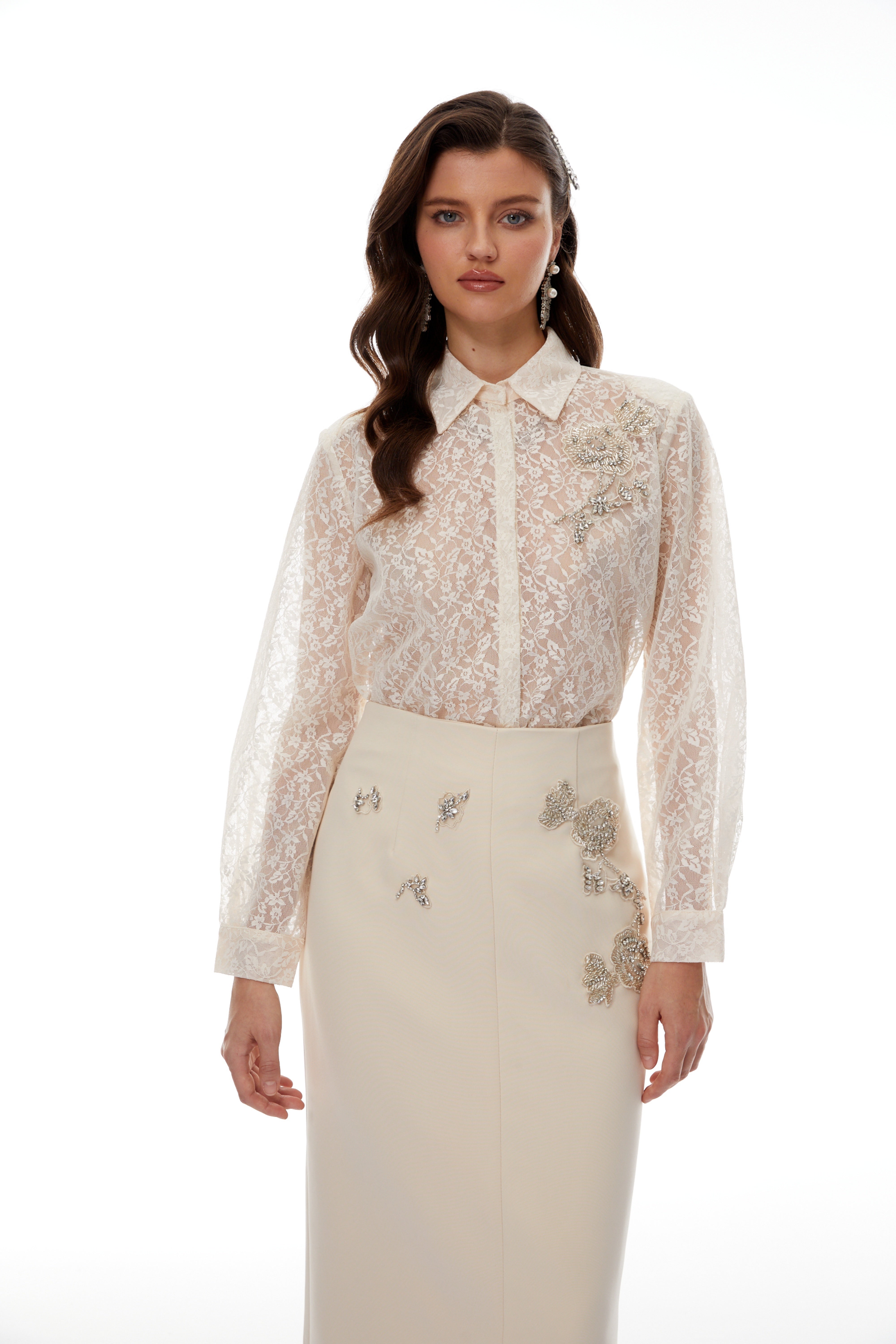 Theresa Neutrals Floral Lace Shirt & Skirt Set