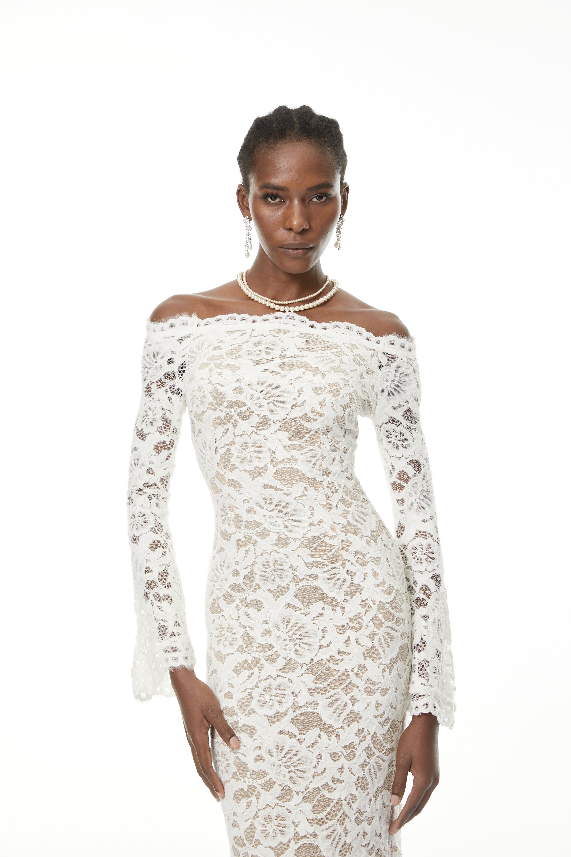 Theresa White Semi-Sheer Floral Lace Maxi Dress