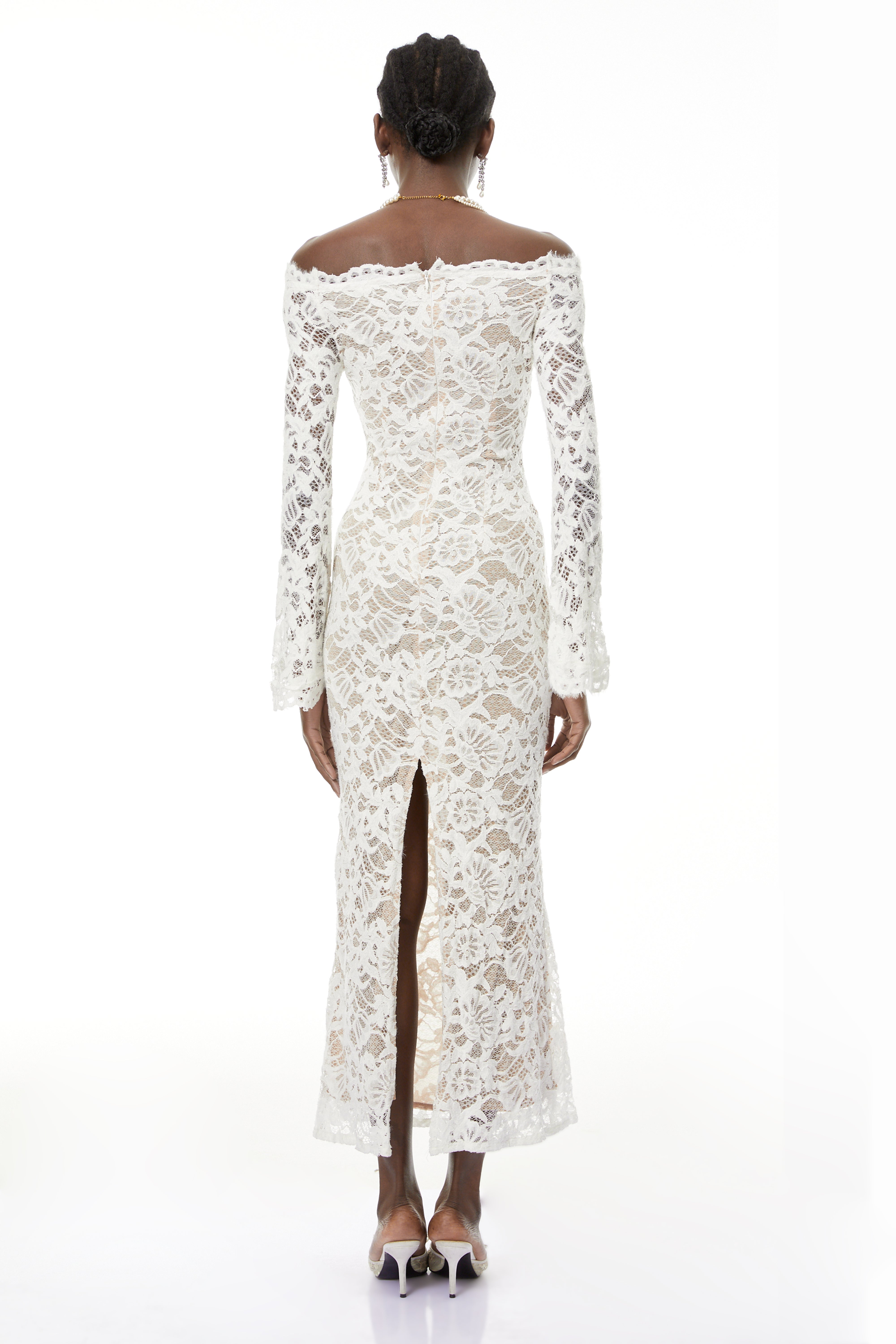 Theresa White Semi-Sheer Floral Lace Maxi Dress