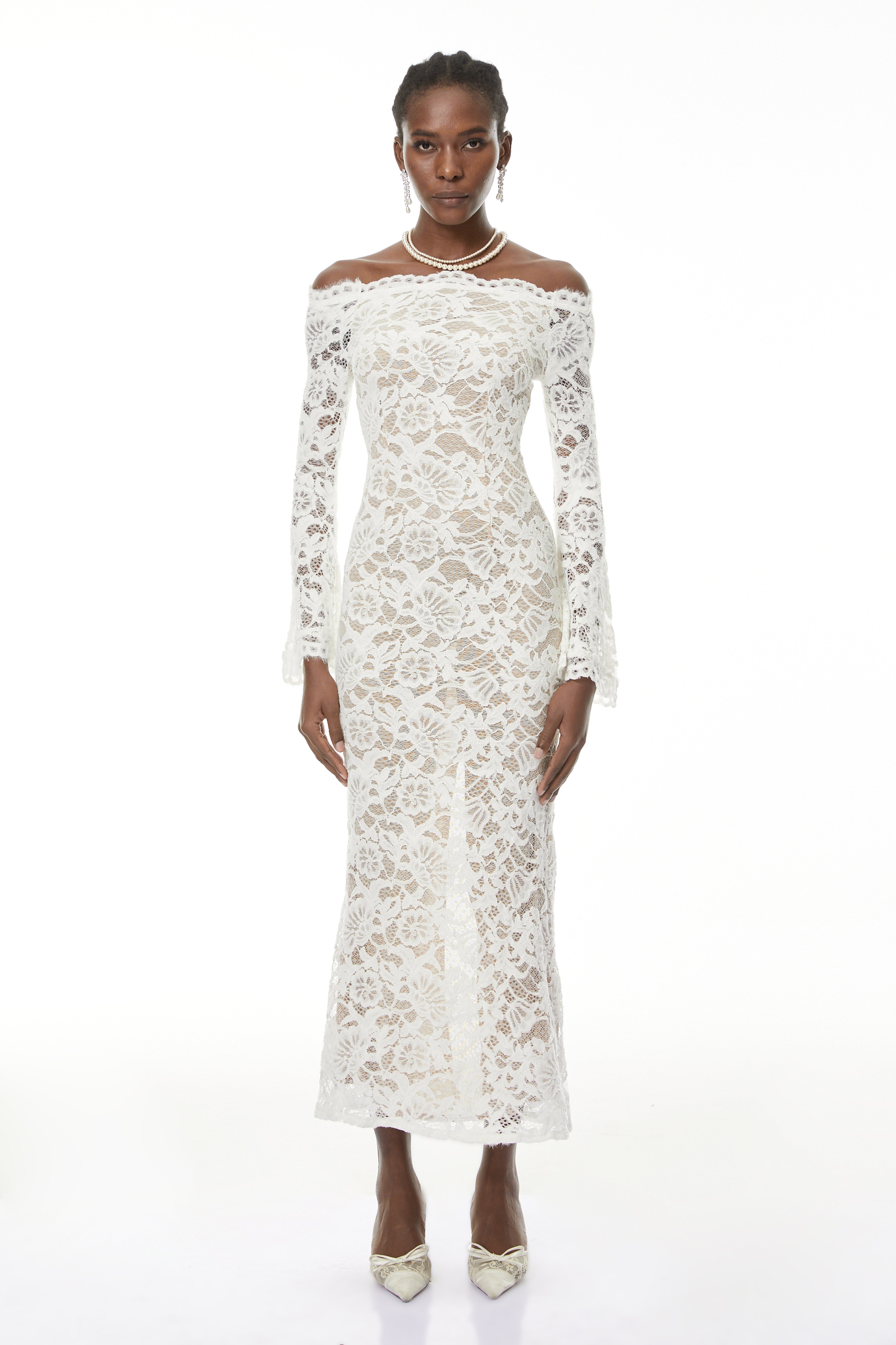Theresa White Semi-Sheer Floral Lace Maxi Dress