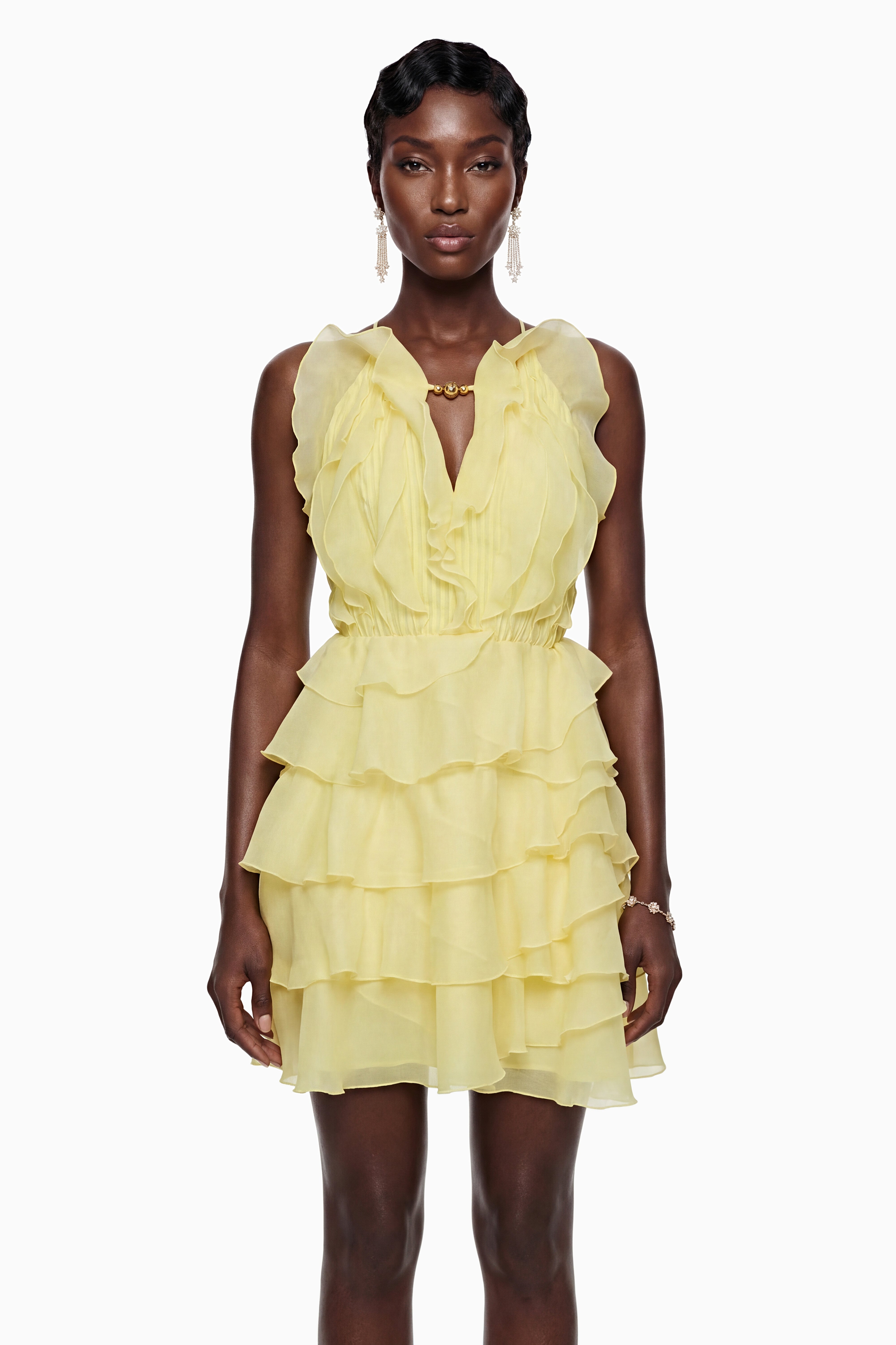 Thulisile – Hellgelbes Minikleid mit Rüschen und Neckholder