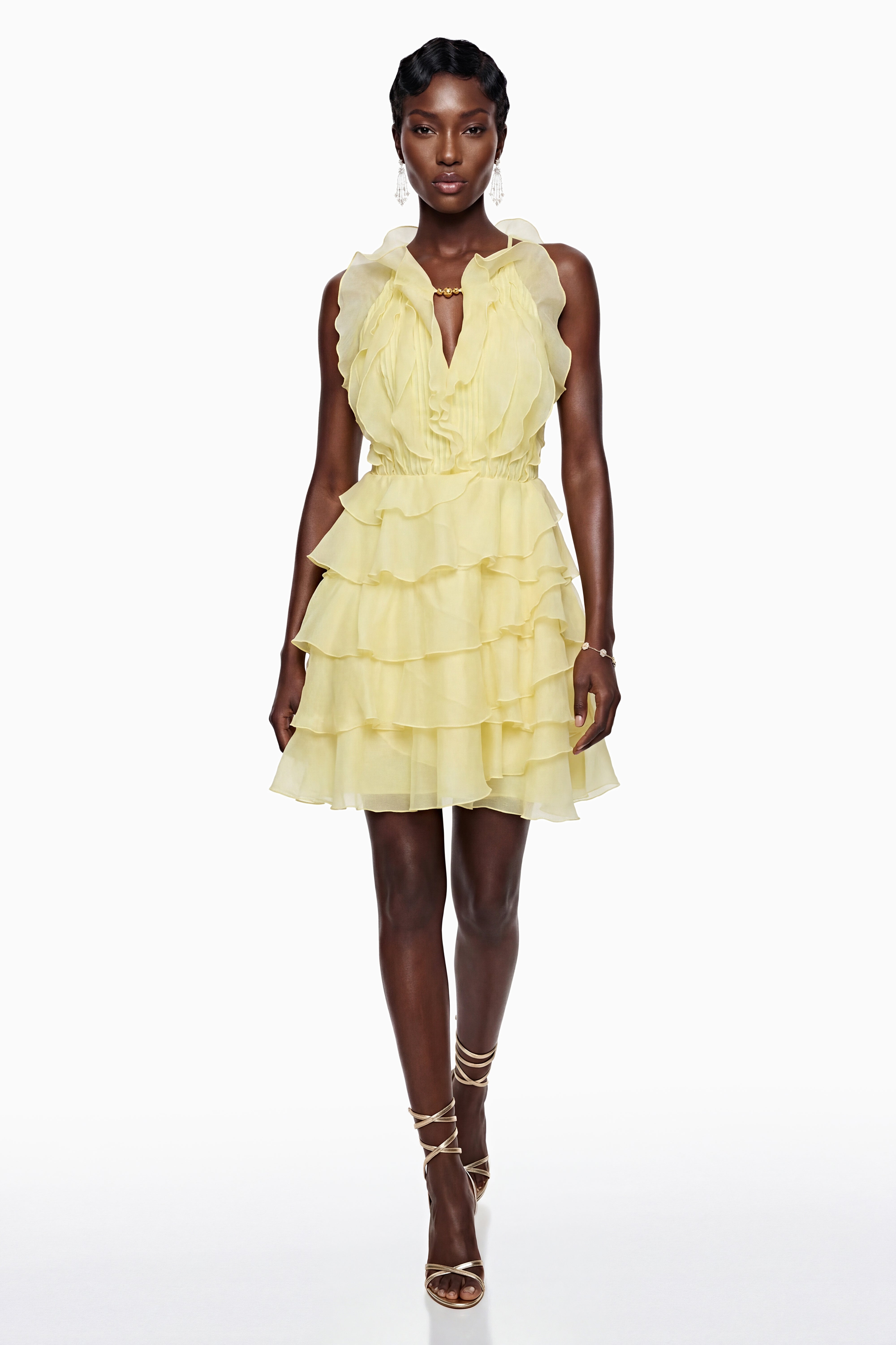 Thulisile – Hellgelbes Minikleid mit Rüschen und Neckholder