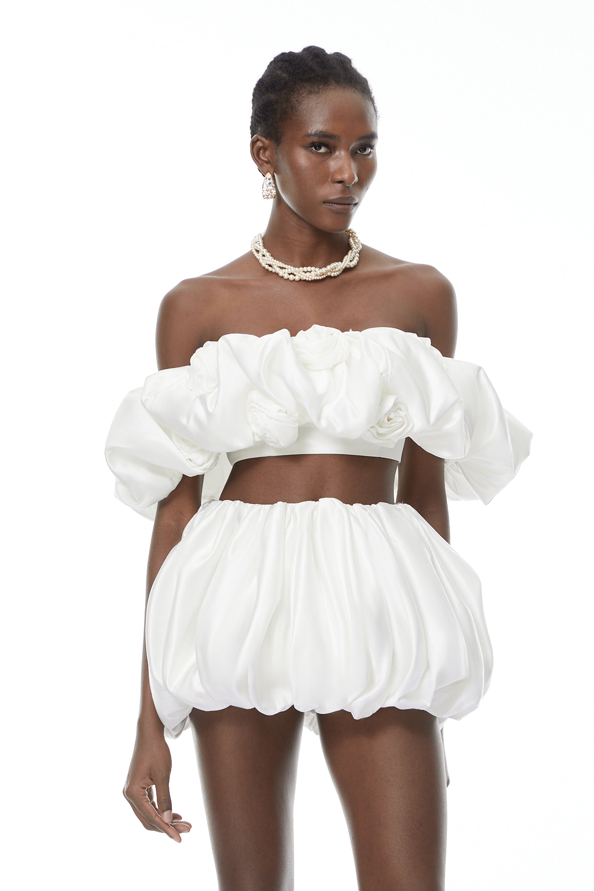 Tiffany White Top & Bubble Short Set with 3D Petals