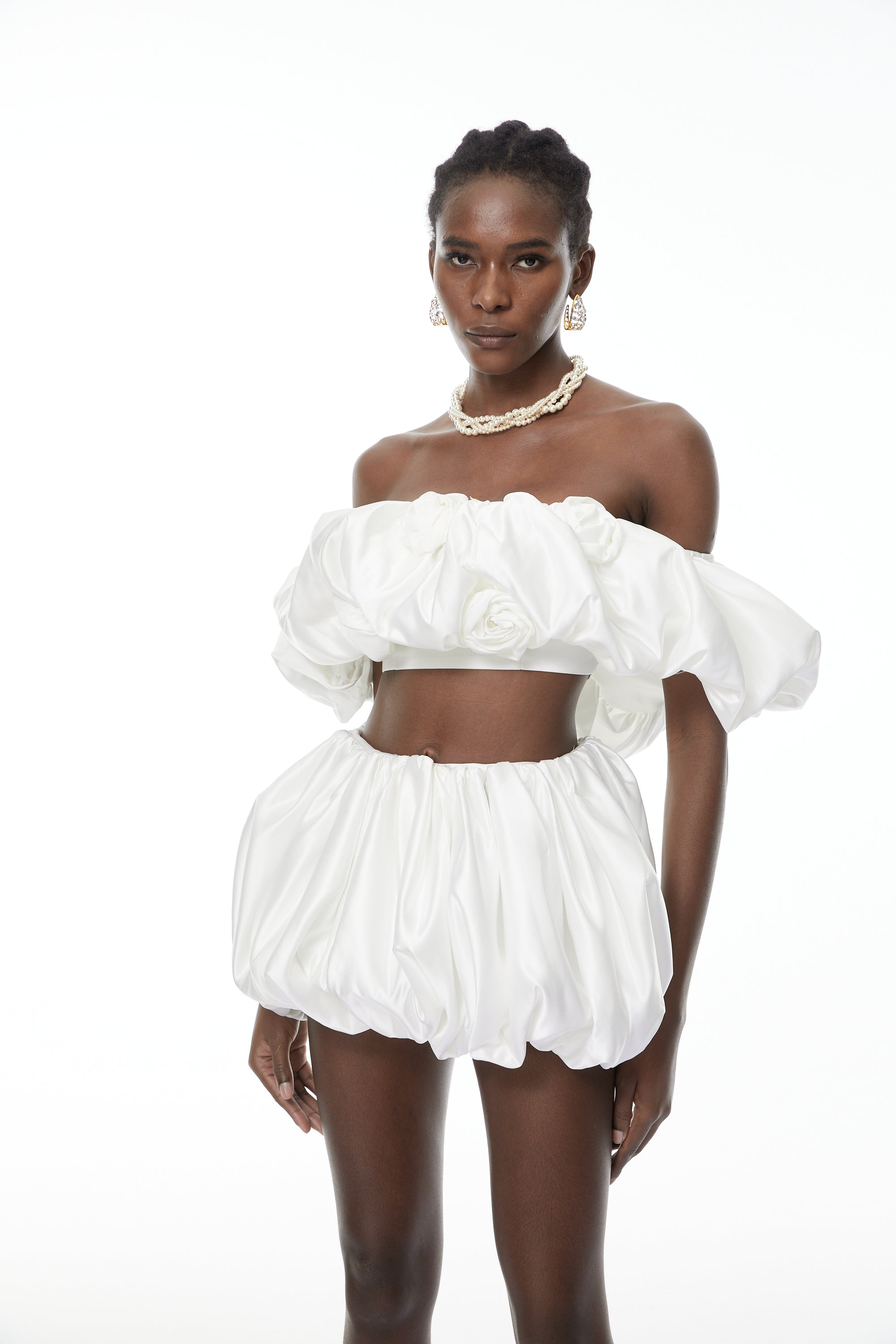 Tiffany White Top & Bubble Short Set with 3D Petals