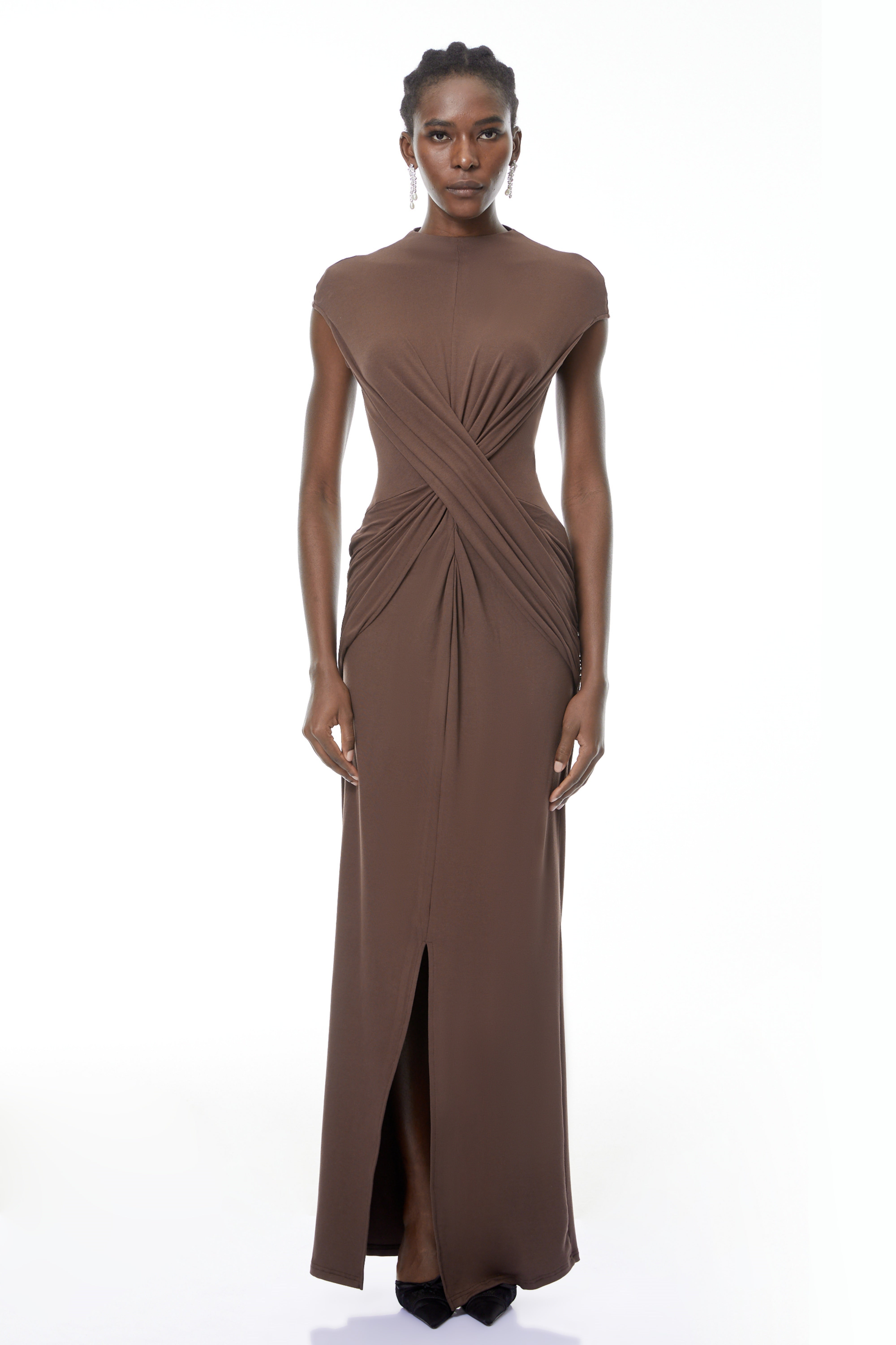 Tone Chocolate Brown Cross-Over Maxi Dress