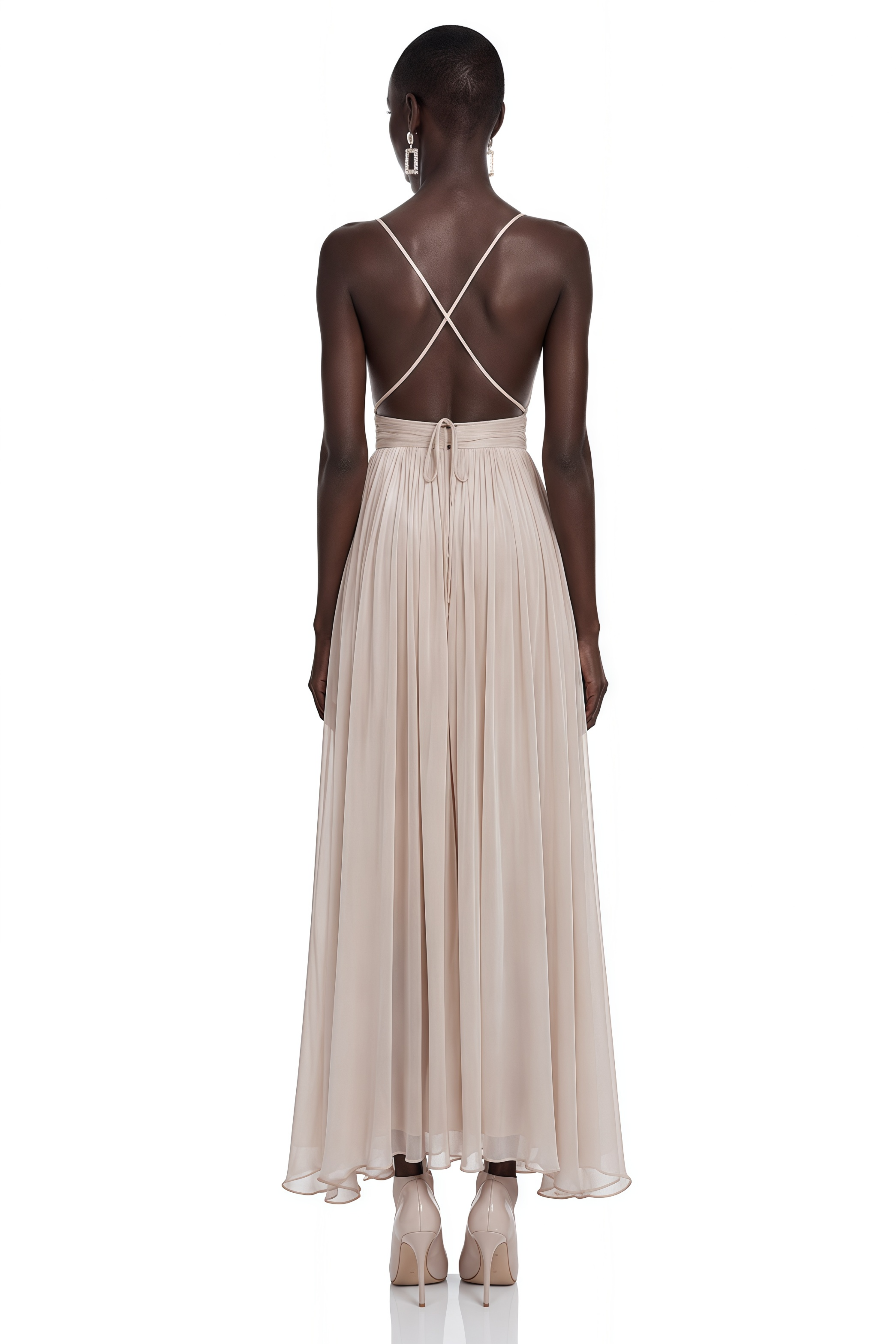 Topaz Beige V-Neck Pleated Maxi Dress