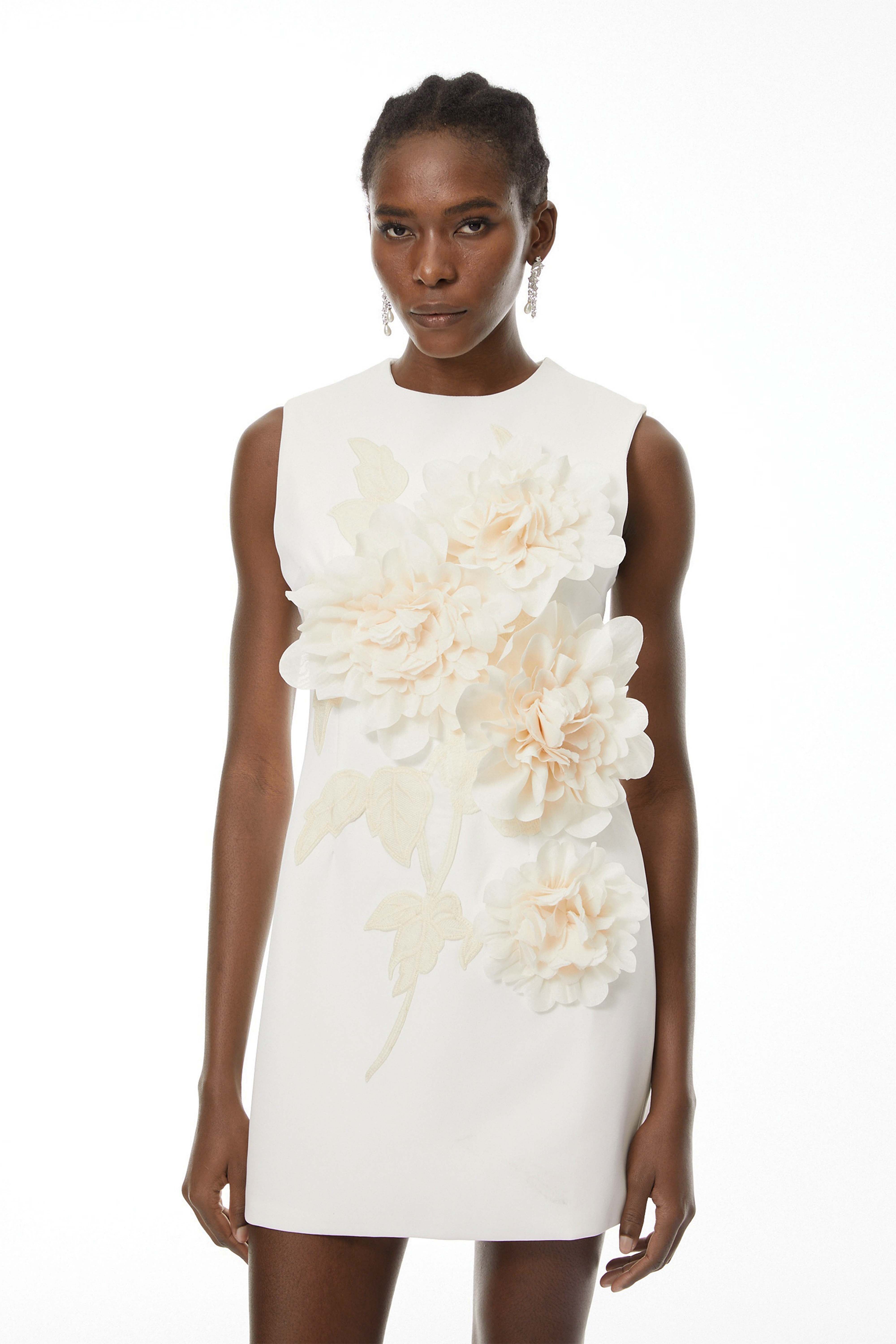 Toril White Color Blocked 3D Petal Mini Dress