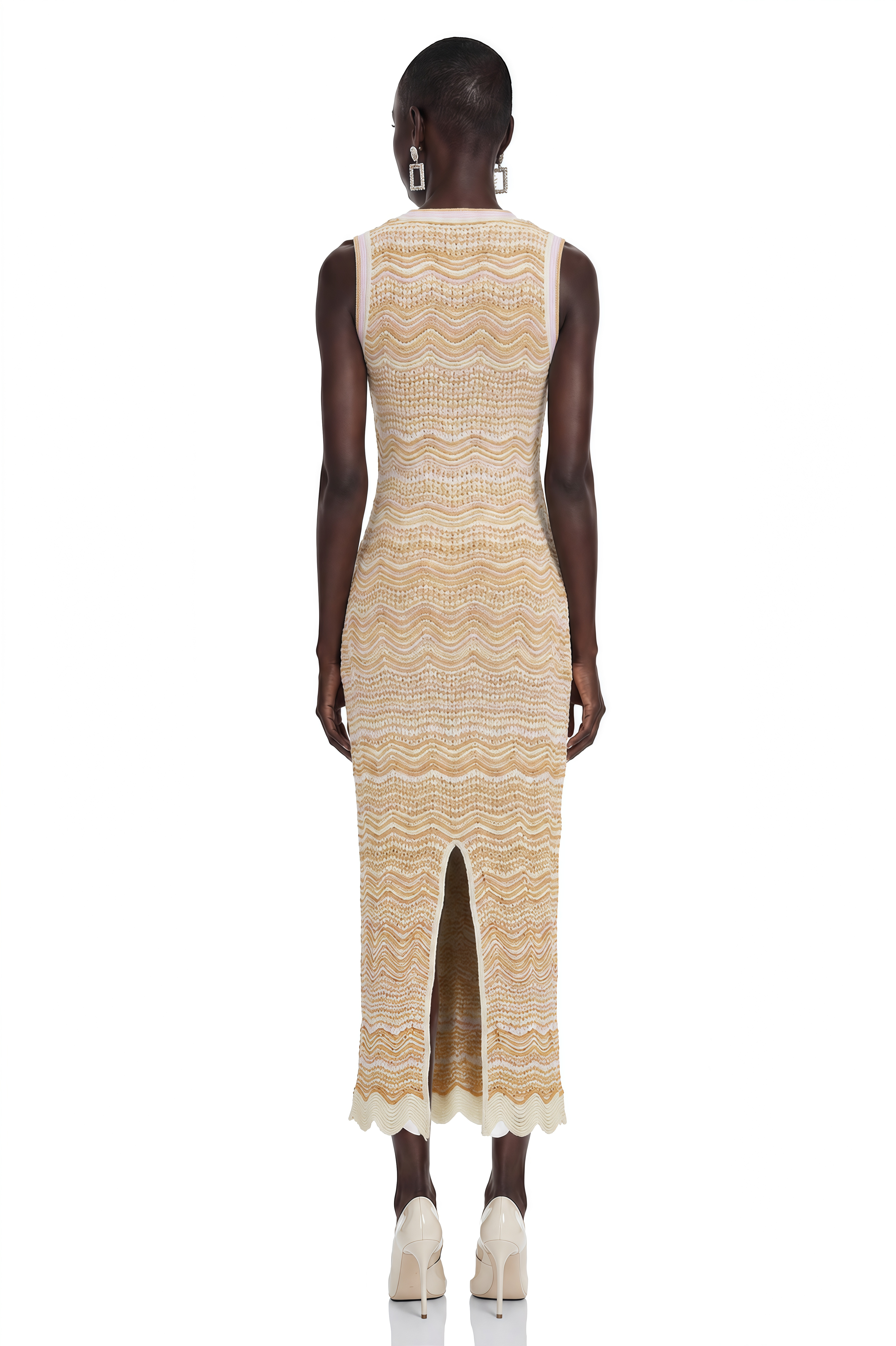 Robe longue à col rond et tissage en zigzag, couleur crème, de la marque Tracy