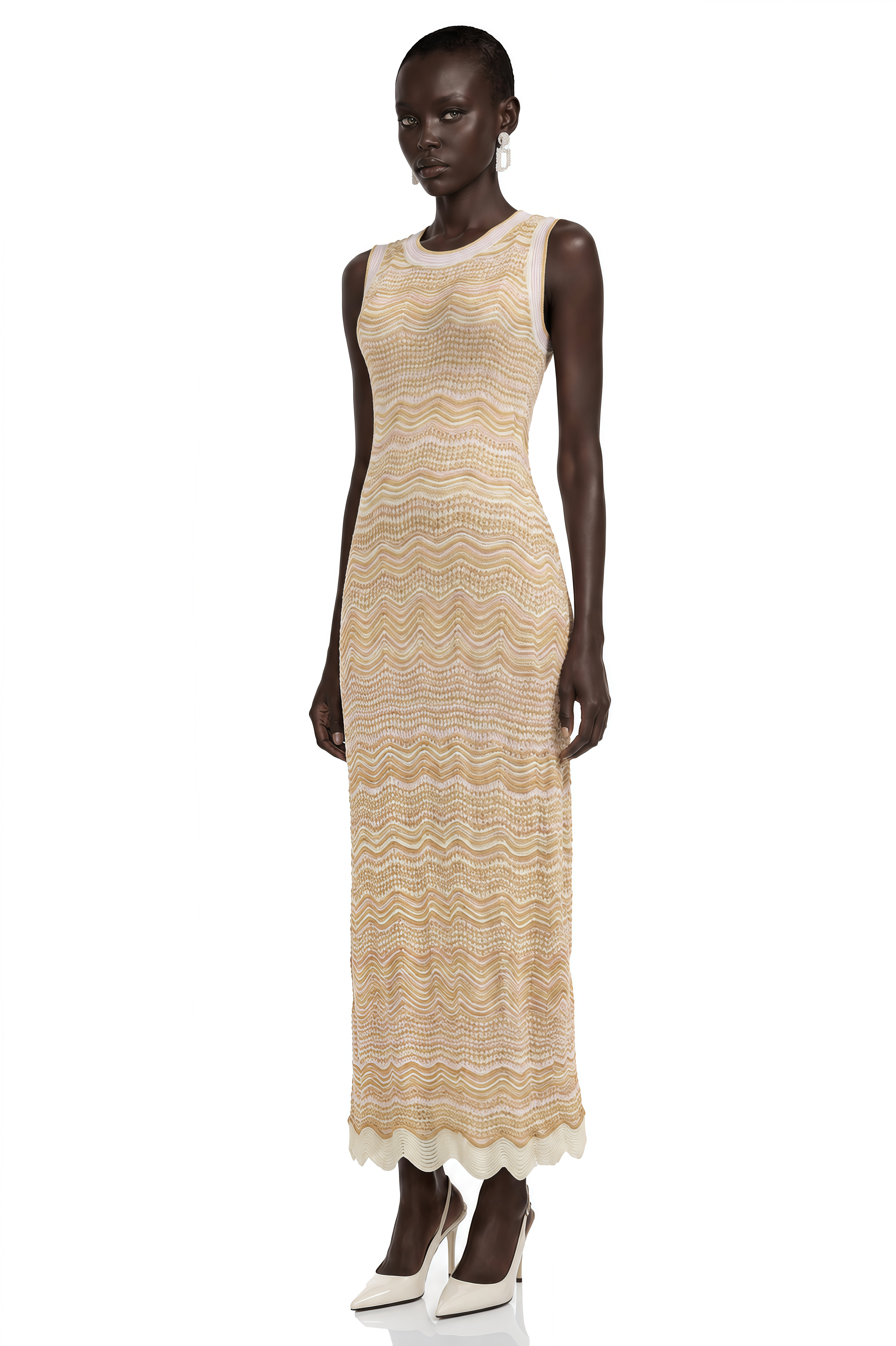 Robe longue à col rond et tissage en zigzag, couleur crème, de la marque Tracy