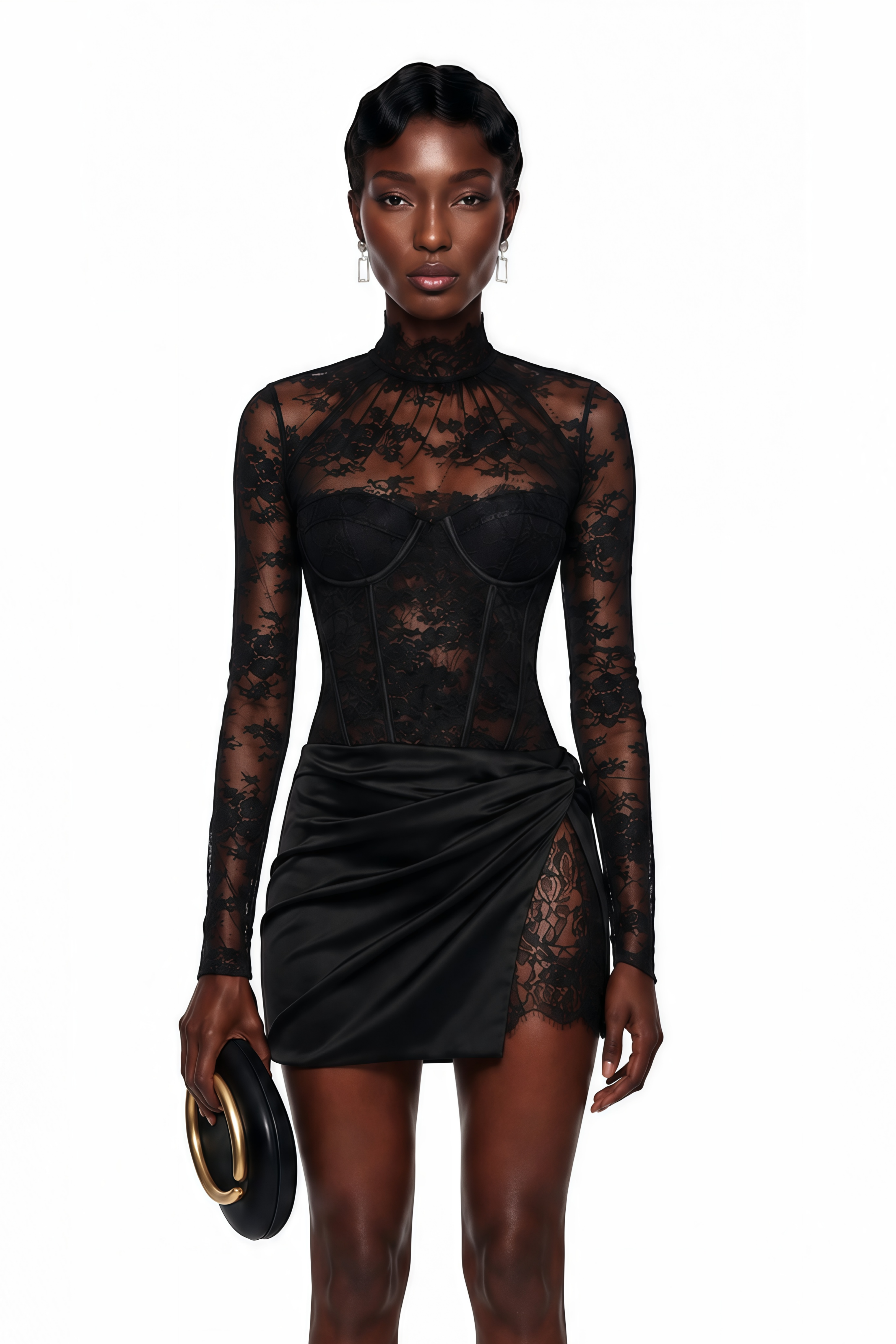 Mini-robe Turid en satin noir avec empiècements en dentelle à motifs floraux