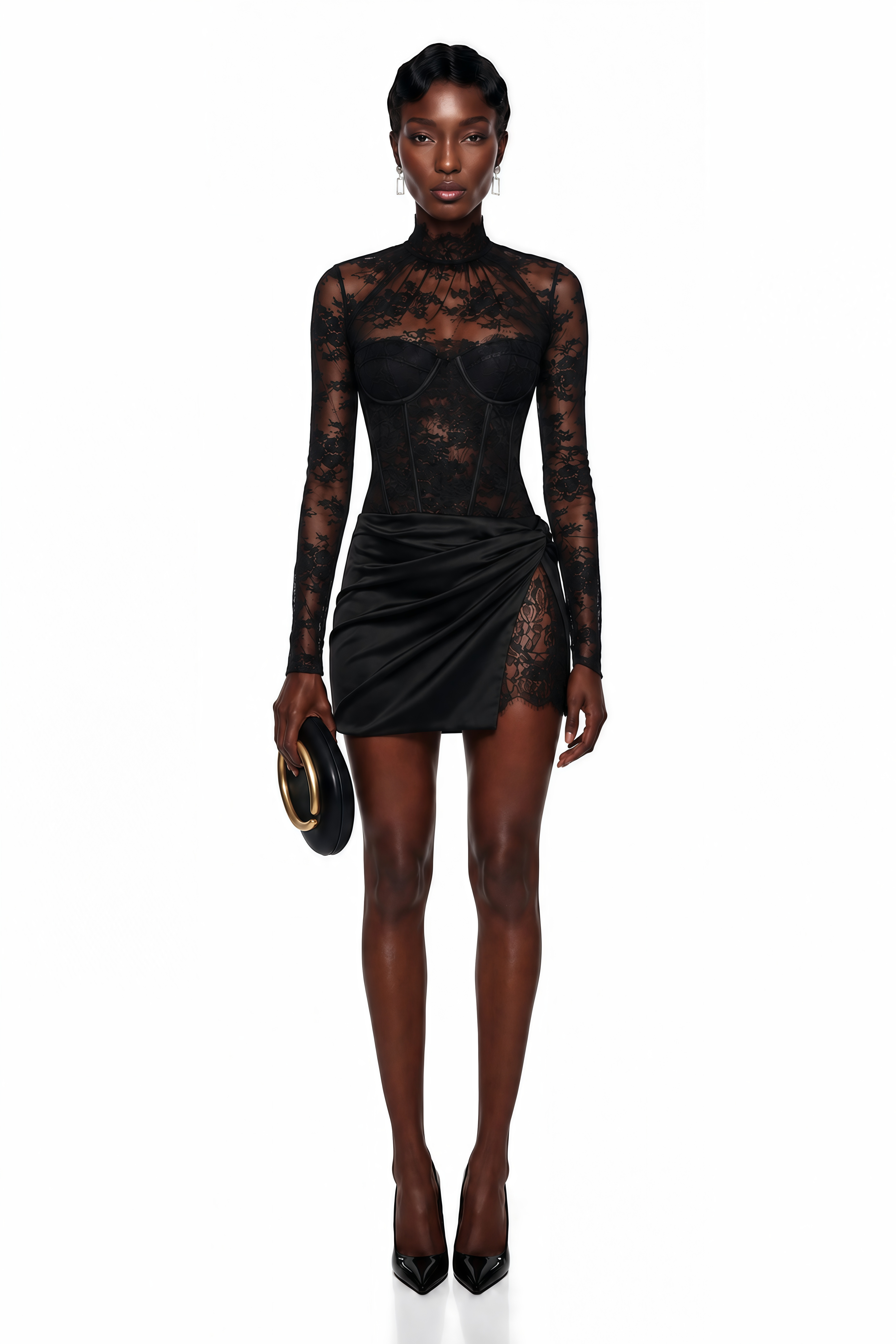 Mini-robe Turid en satin noir avec empiècements en dentelle à motifs floraux