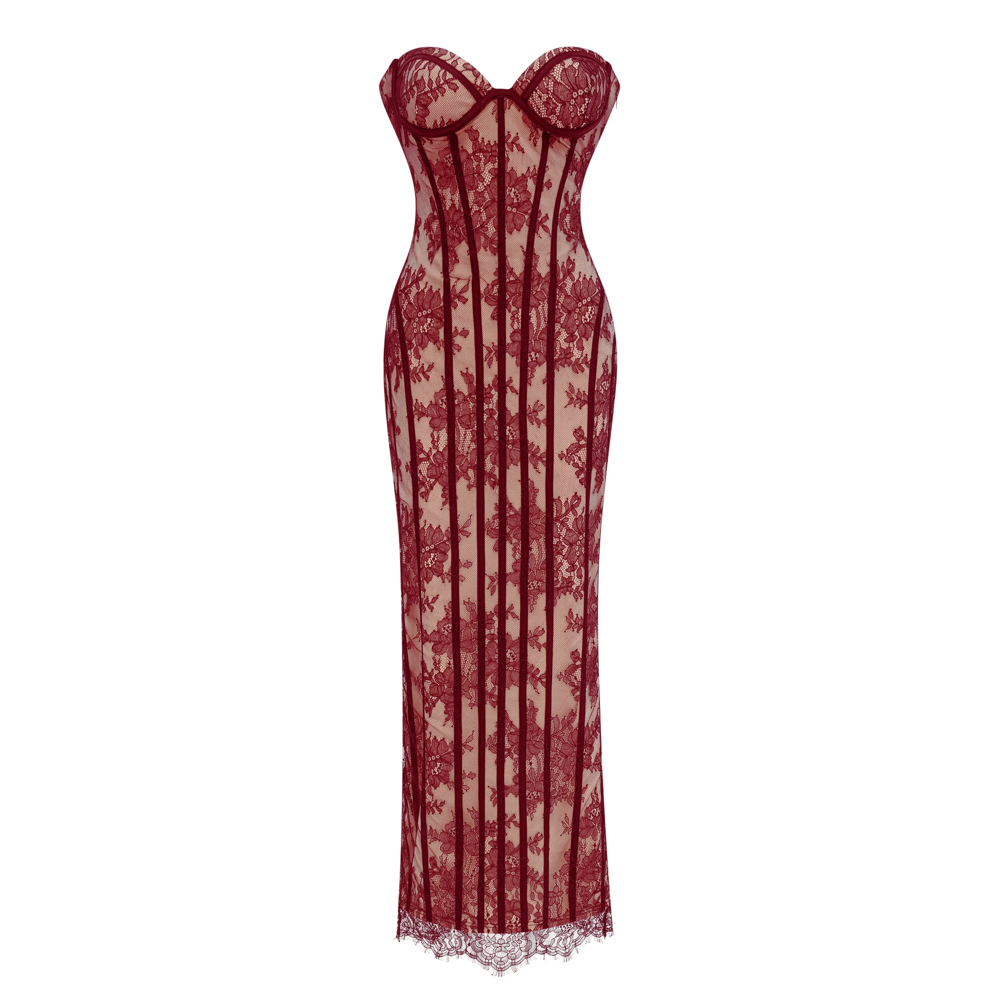 فستان طويل بكورسيه من الدانتيل باللون الأحمر من Urszula