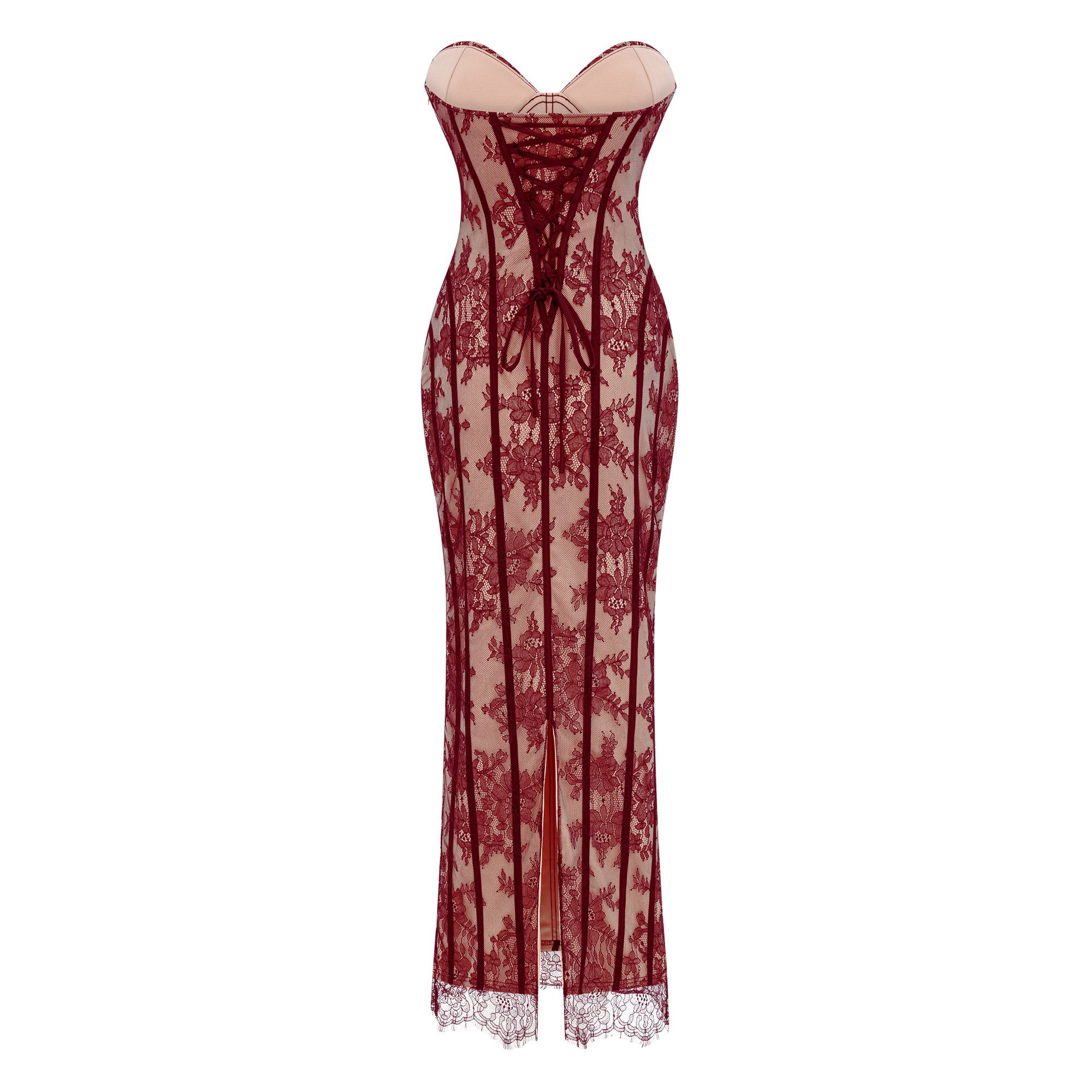 فستان طويل بكورسيه من الدانتيل باللون الأحمر من Urszula