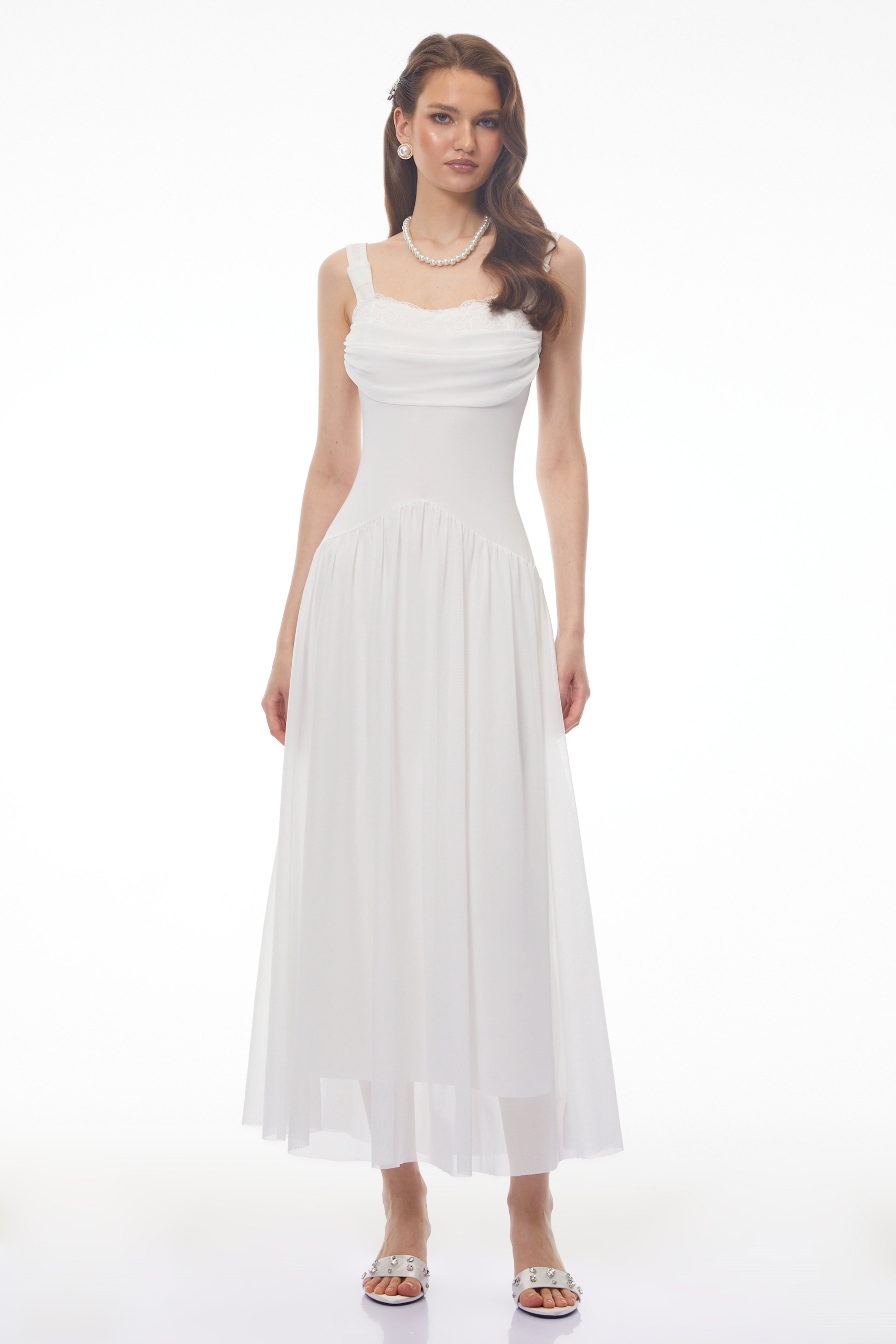 Valentina White Halterneck Ruched Maxi Dress
