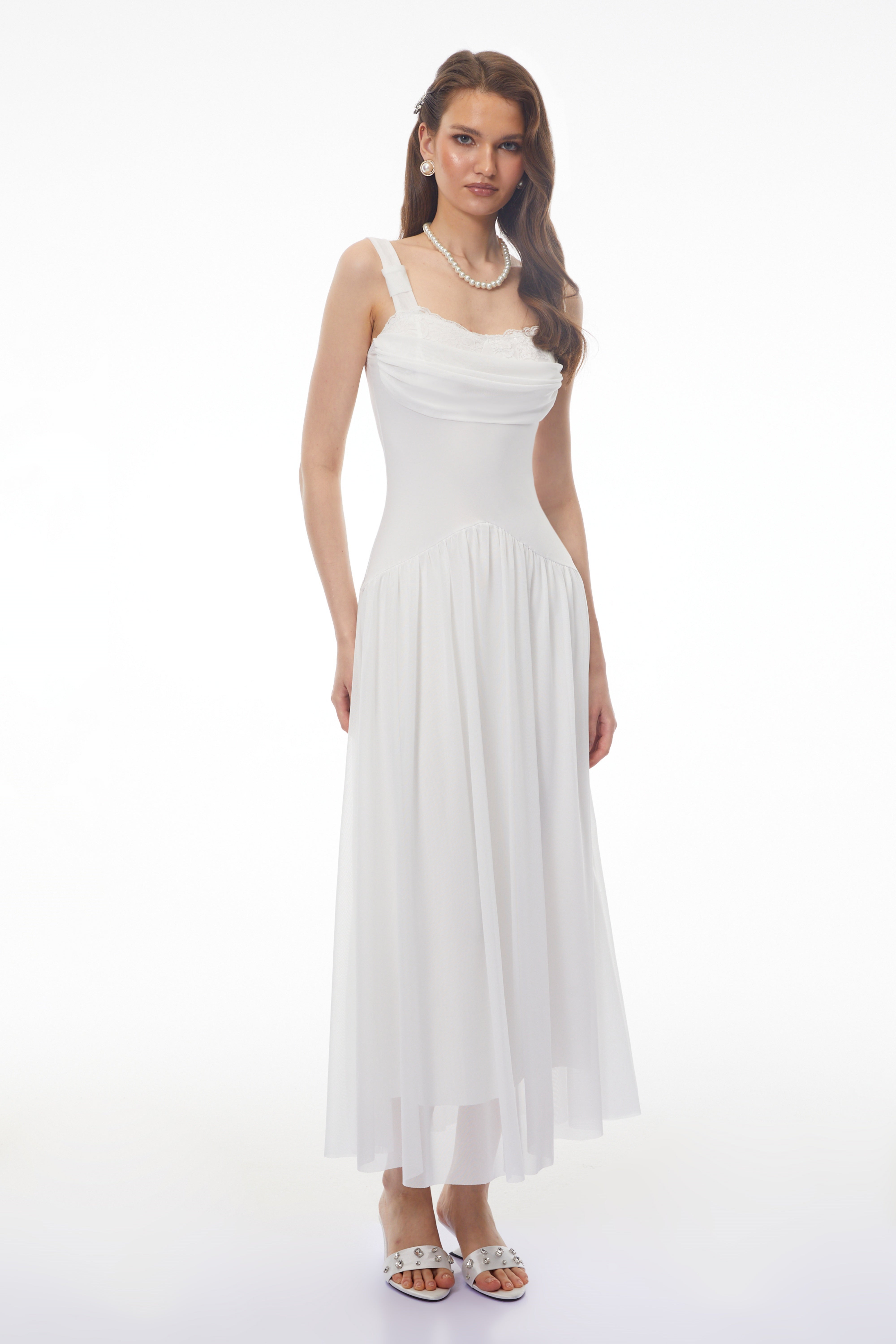 Valentina White Halterneck Ruched Maxi Dress