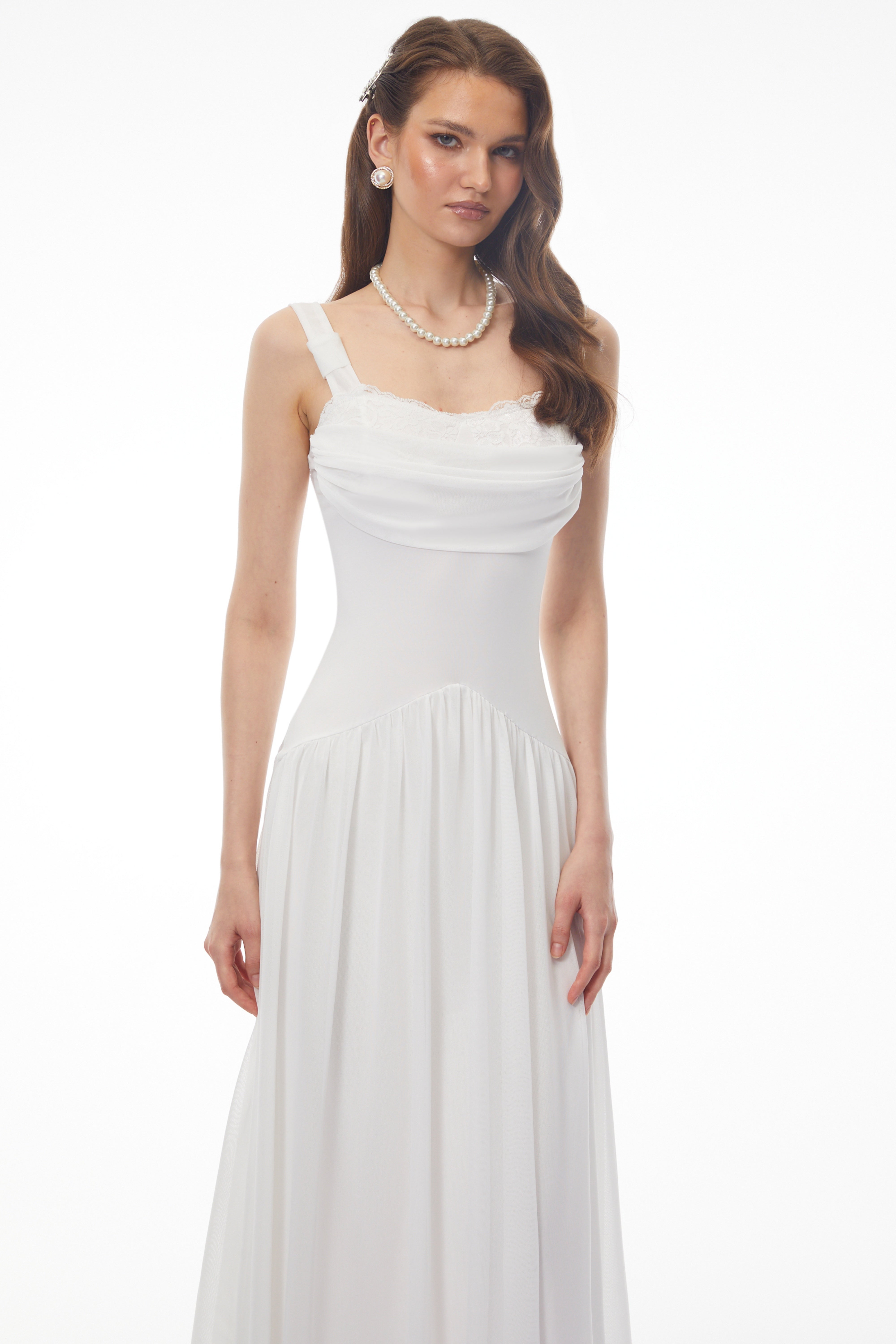 Valentina White Halterneck Ruched Maxi Dress